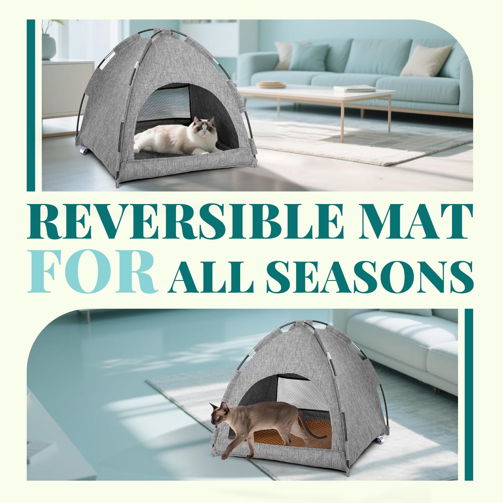 Nobleza Cat Tent Cat Cave Bed 2 in 1 Portable Pet Tent House for Indoor Outdoor Breathable Kitten Nest Detachable Washable Puppy Teepee Removable Double-Sided Cushion Four Seasons Universal 40x40x36cm - Image 3