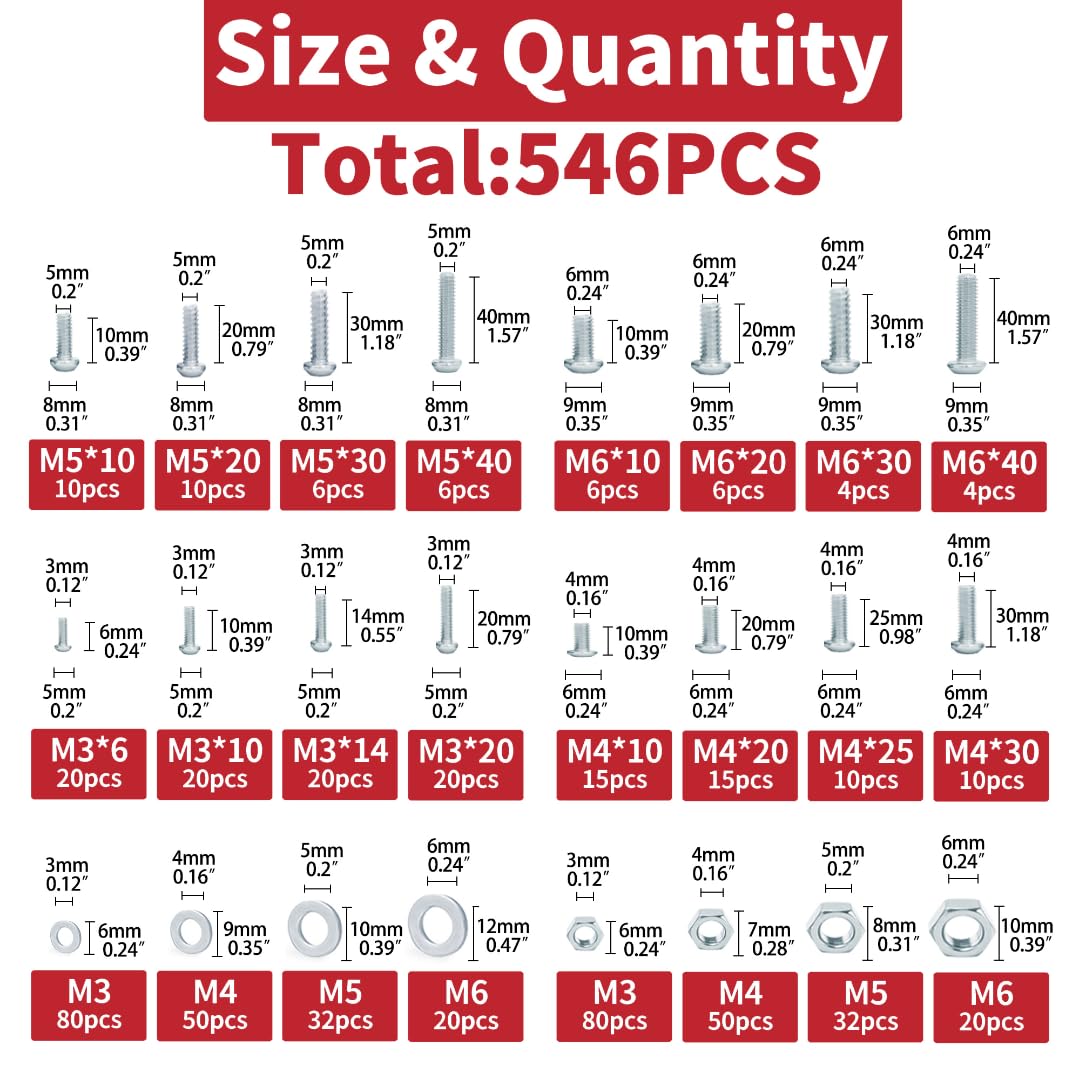 AIMUNOK 546pcs Nuts and Bolts Assortment Kit - Phillips Drive, Metric Sizes - Ideal for DIY, Household, and More - Galvanized Carbon Steel Hardware