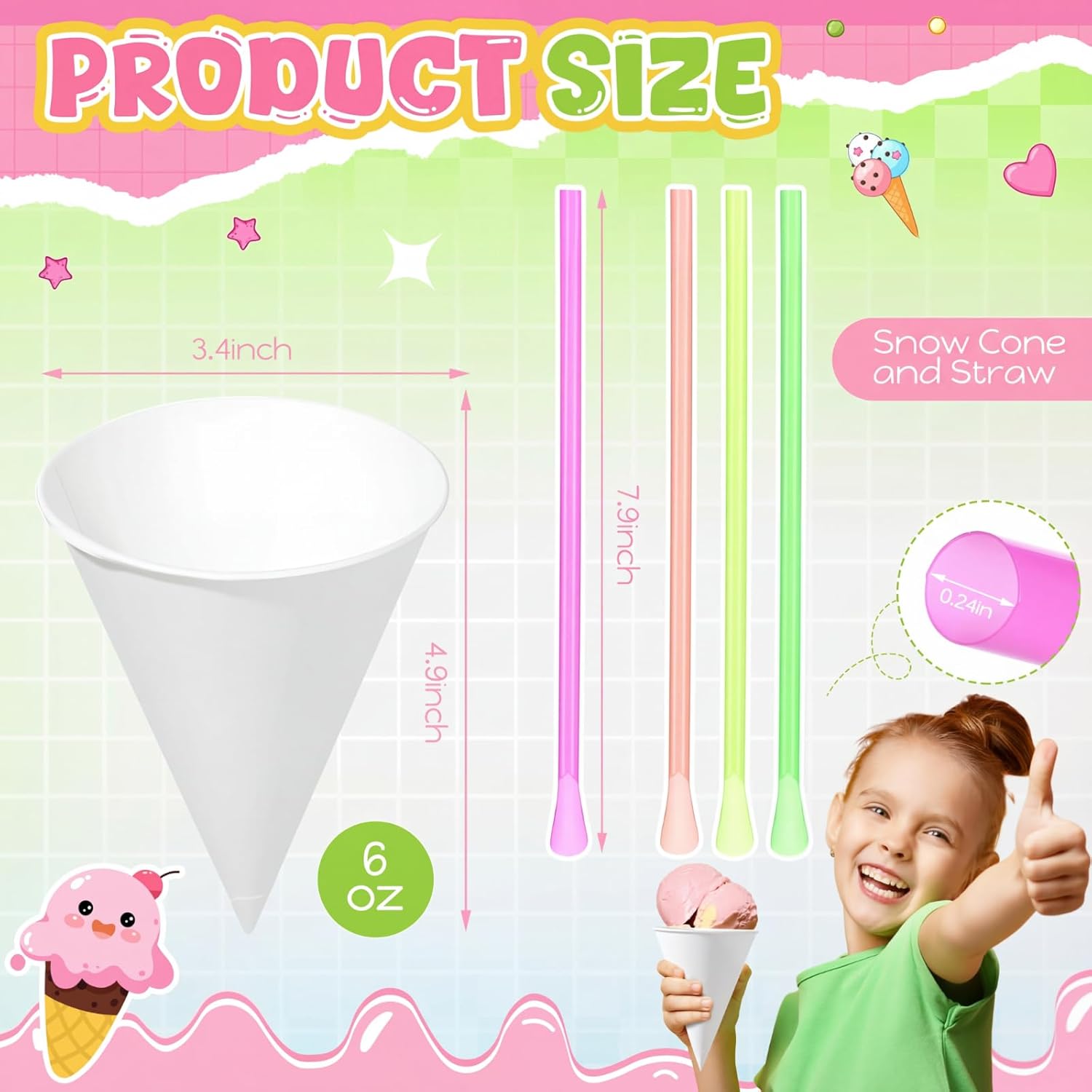 Eaasty 960 Pcs Snow Cone and Spoon Straws Cone Cups Thicken White 6 oz Disposable Paper Cups Straw Spoon for Family Slush Shaved Ice Cream Water
