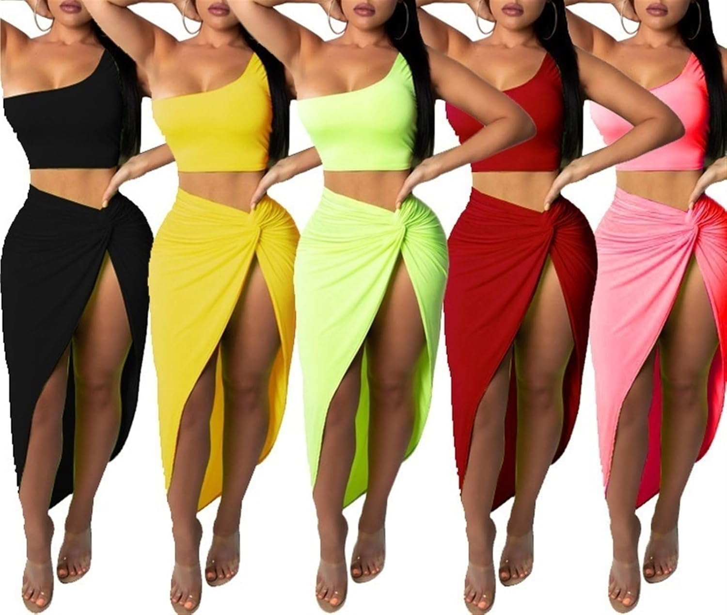 Women 2 Piece Maxi Skirt Sets Summer One Shoulder Crop Top and Twist Split Thigh Skirt Set 2 Piece Outfits Club Dress (Color : Red, Size : M)