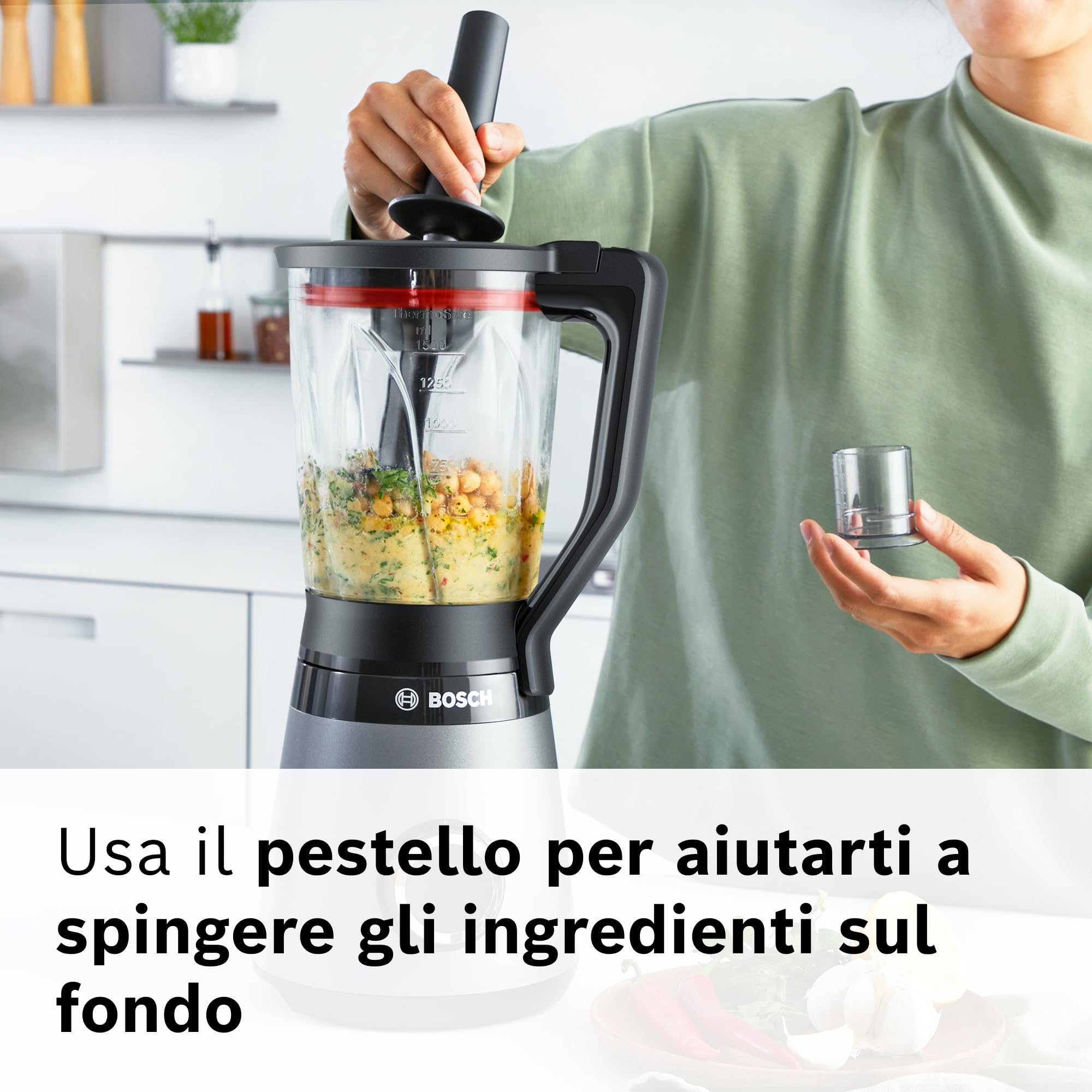 Bosch Serie 4 Frullatore VitaPower MMB4197S, Potente 1200 W, 30.000 giri/min, Lame Rinforzate in Acciaio Inox, Bicchiere Frullatore in Tritan da 1.5 L, Accessori Inclusi, Argento