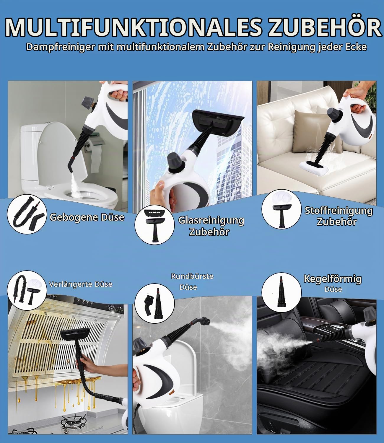 Dampfreiniger, 1050 W Dampfreiniger Handgerät mit 12 Zubehör, 3,2 bar Dampfdruck Hand Steam Cleaner, Multifunktional Handdampfreiniger für Alles Boden Küche Badezimmer Fenster Auto Sofa Teppich