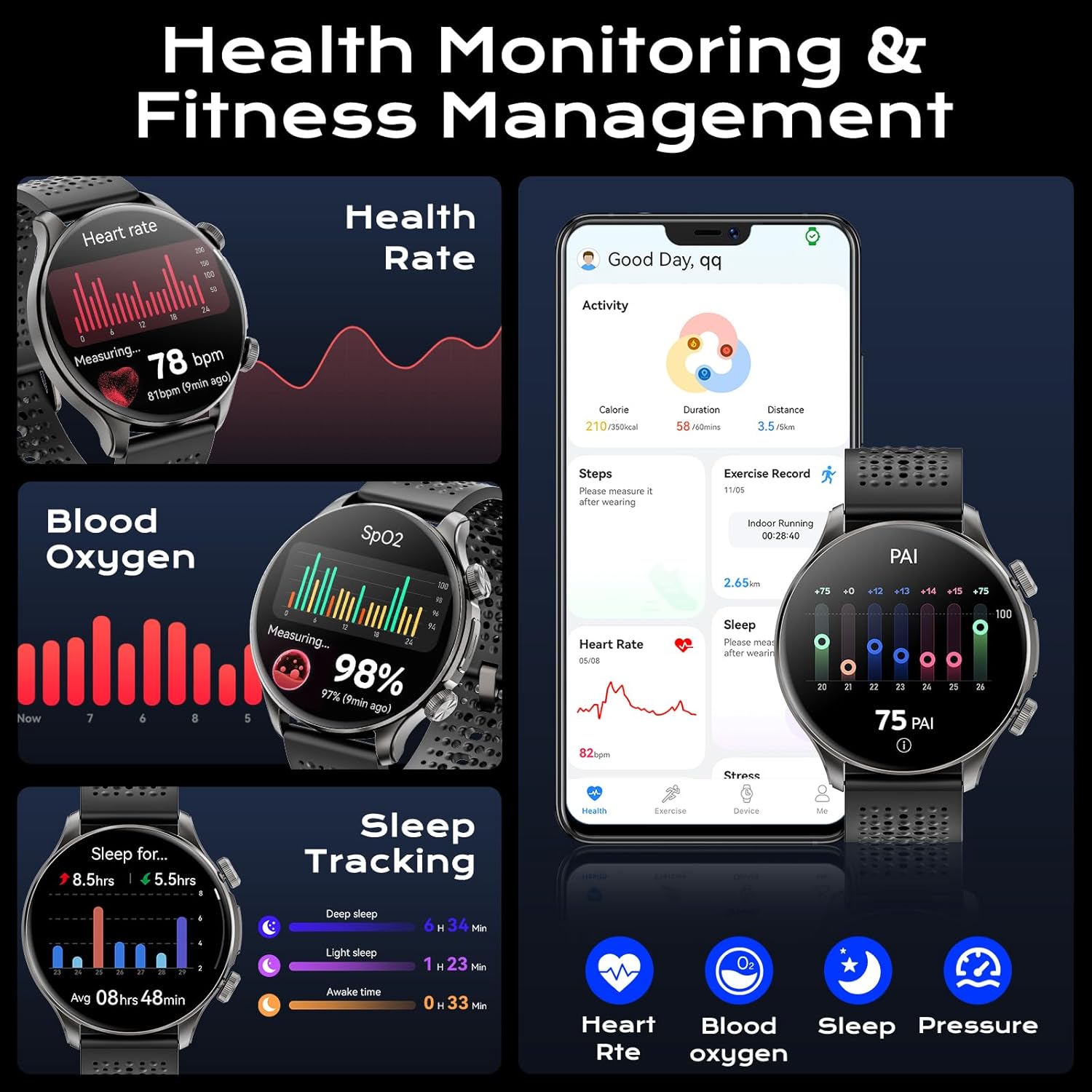 Smartwatch displaying health monitoring features including heart rate, blood oxygen, and sleep tracking.