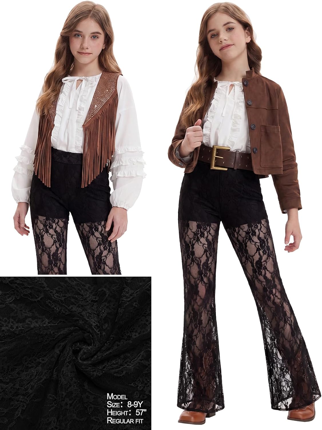 Perfashion Teen Girls Lace Flare Leggings Cowgirl Bell Bottom Dance Pants