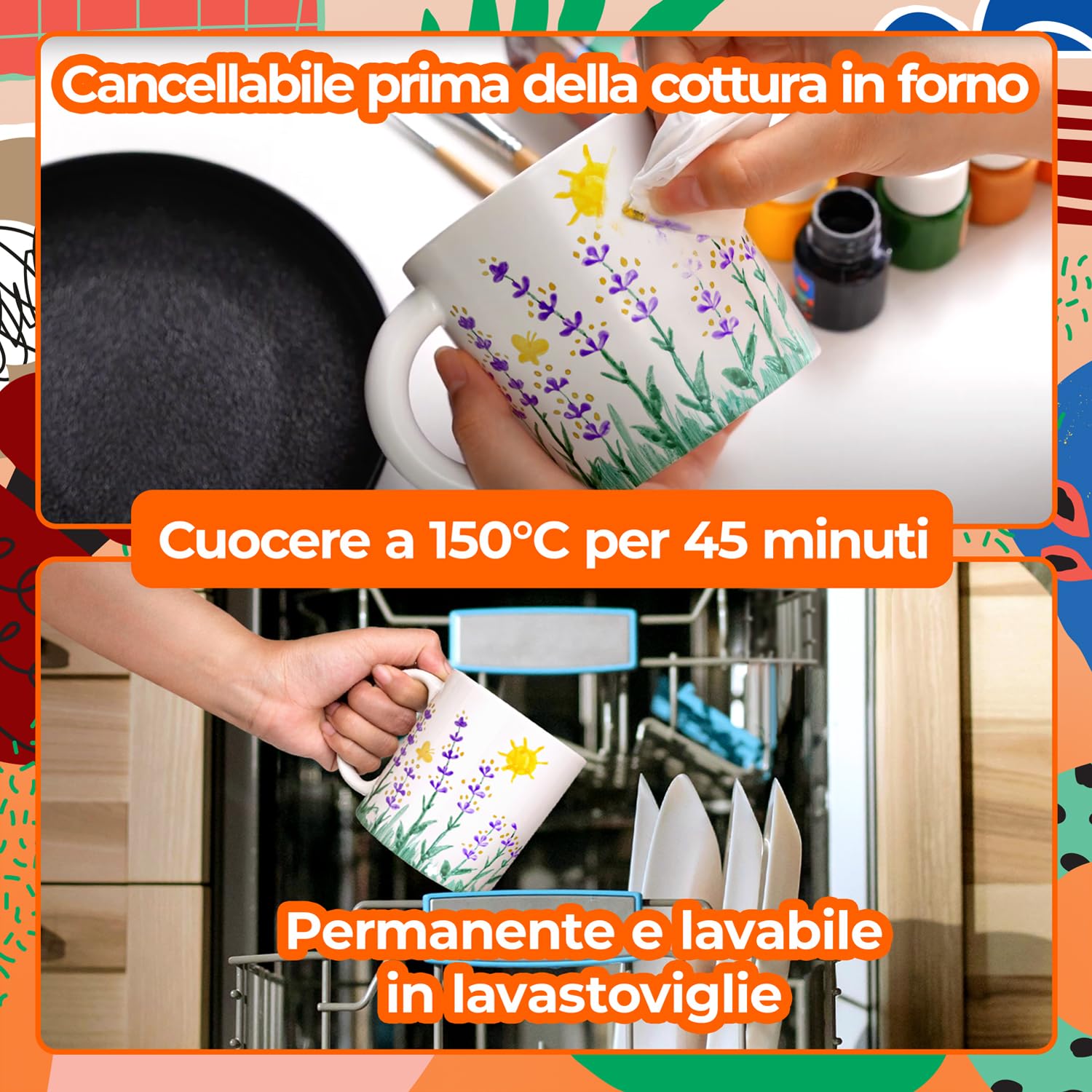colozoo Vernice per Vetro e Porcellana Lavabile in Lavastoviglie - 14x20ml incl. Oro, Argento, 4 Colori Glitterati e 3 Pennelli - Set di Pittura per Ceramica Cancellabile