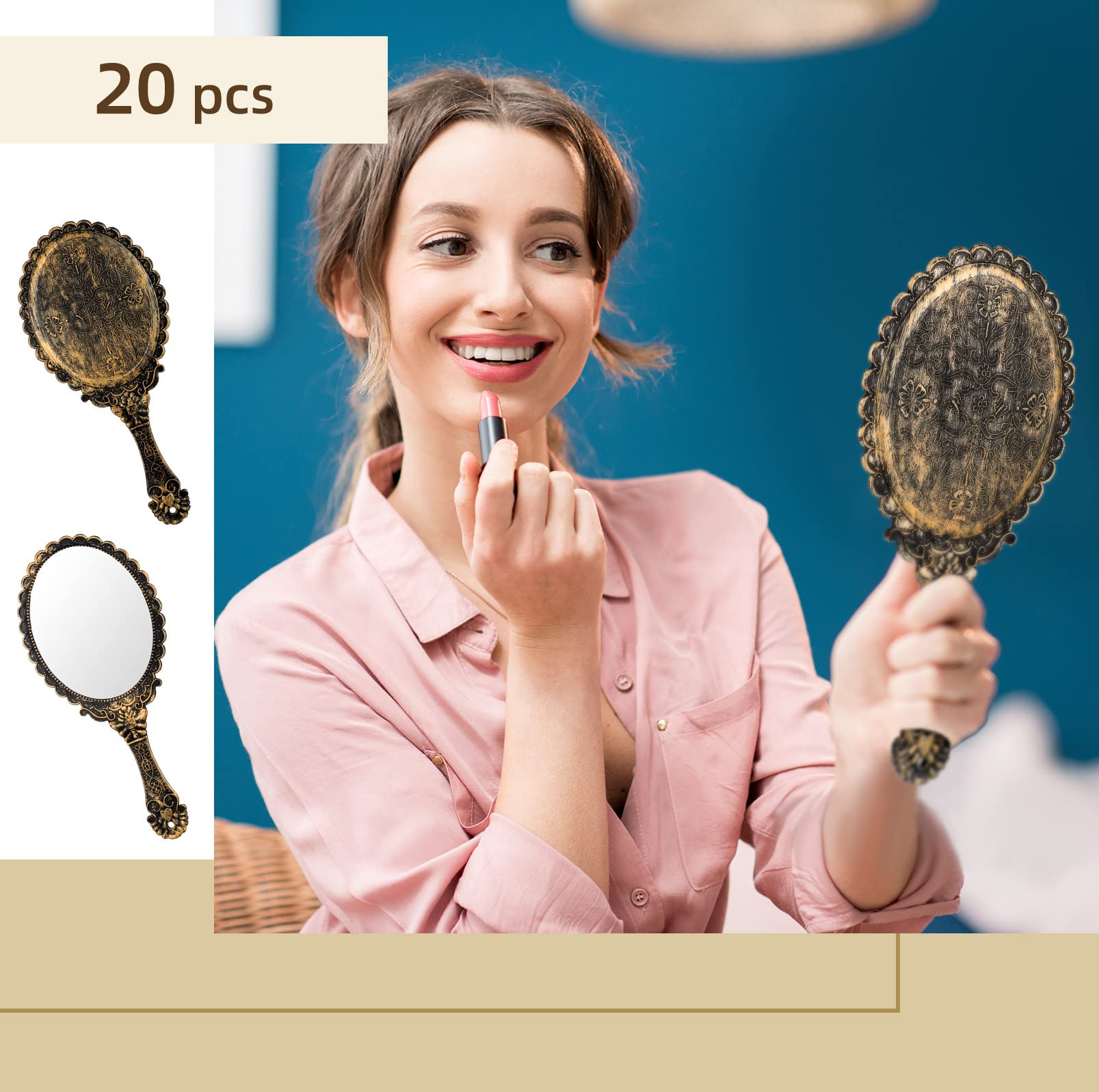 Specchio portatile vintage a mano, 20 pezzi, specchio a mano vintage in rilievo floreale retrò con manico compatto specchio trucco per donne ragazze e ragazze trucco viaggio (vintage)