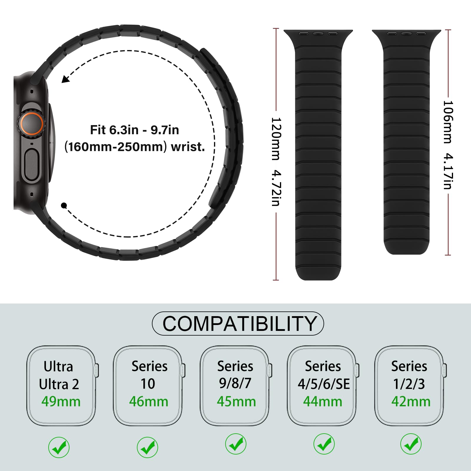 Sixmoat Cinturino Magnetico in Silicone Compatibile con Apple Watch 49mm 46mm 45mm 44mm 42mm per Uomo e Donna, Cinturini Sportivo e Leggero per Ultra SE Series 10 9 8 7 6 5 4 3, Nero