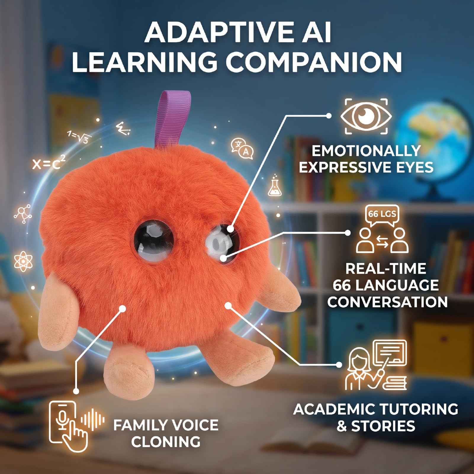 VBESTLIFE Animale di Peluche Intelligente AI, Peluche Educativo Interattivo con Clonazione Vocale, Occhi Emotivi, Conversazione in Tempo Reale in 66 Lingue per Bambini (ORANGE)