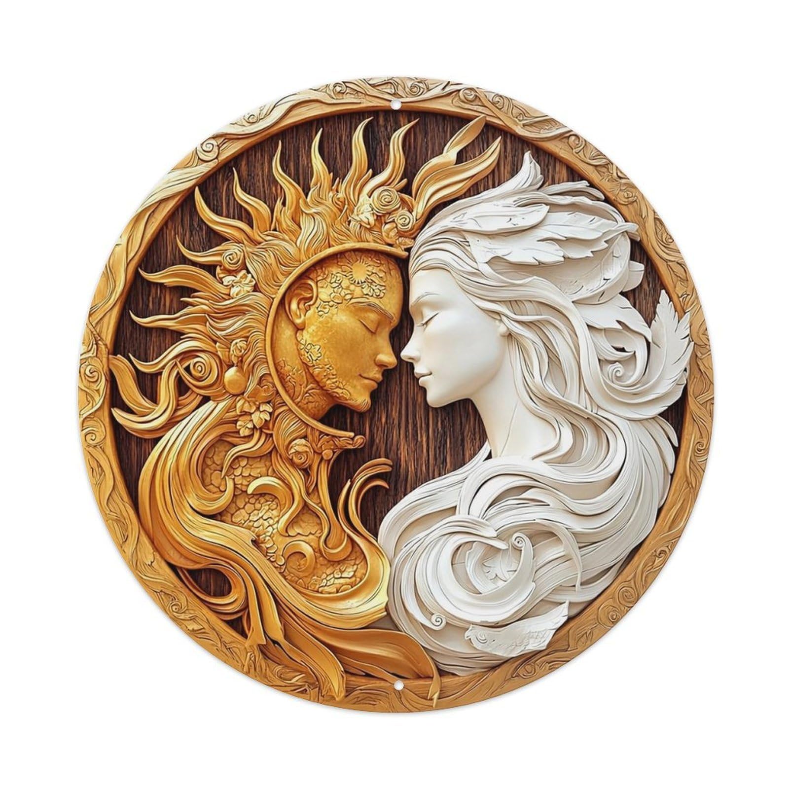 Sun And Moon Faces Carved Round Metal Tin Sign Vintage Wall Decor, Bar Garage Cafe Kitchen Home Wall Art Poster 8x8inches