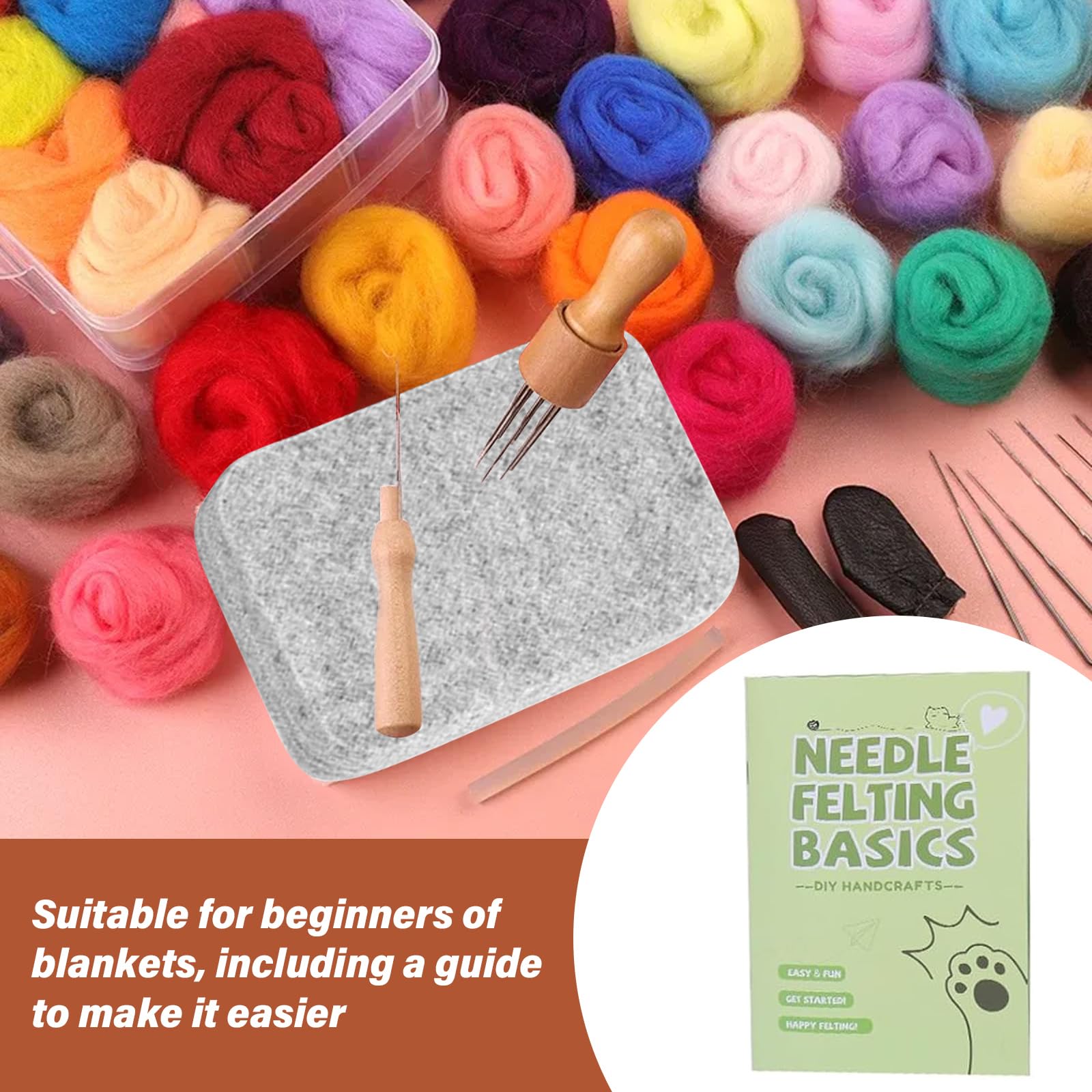 PORFOYO Kit de démarrage de feutrage à sec, 24 couleurs, kit de feutrage pour débutants, kit de feutrage à l'aiguille avec outils, instructions et rangement, kit complet de feutrage pour projets de