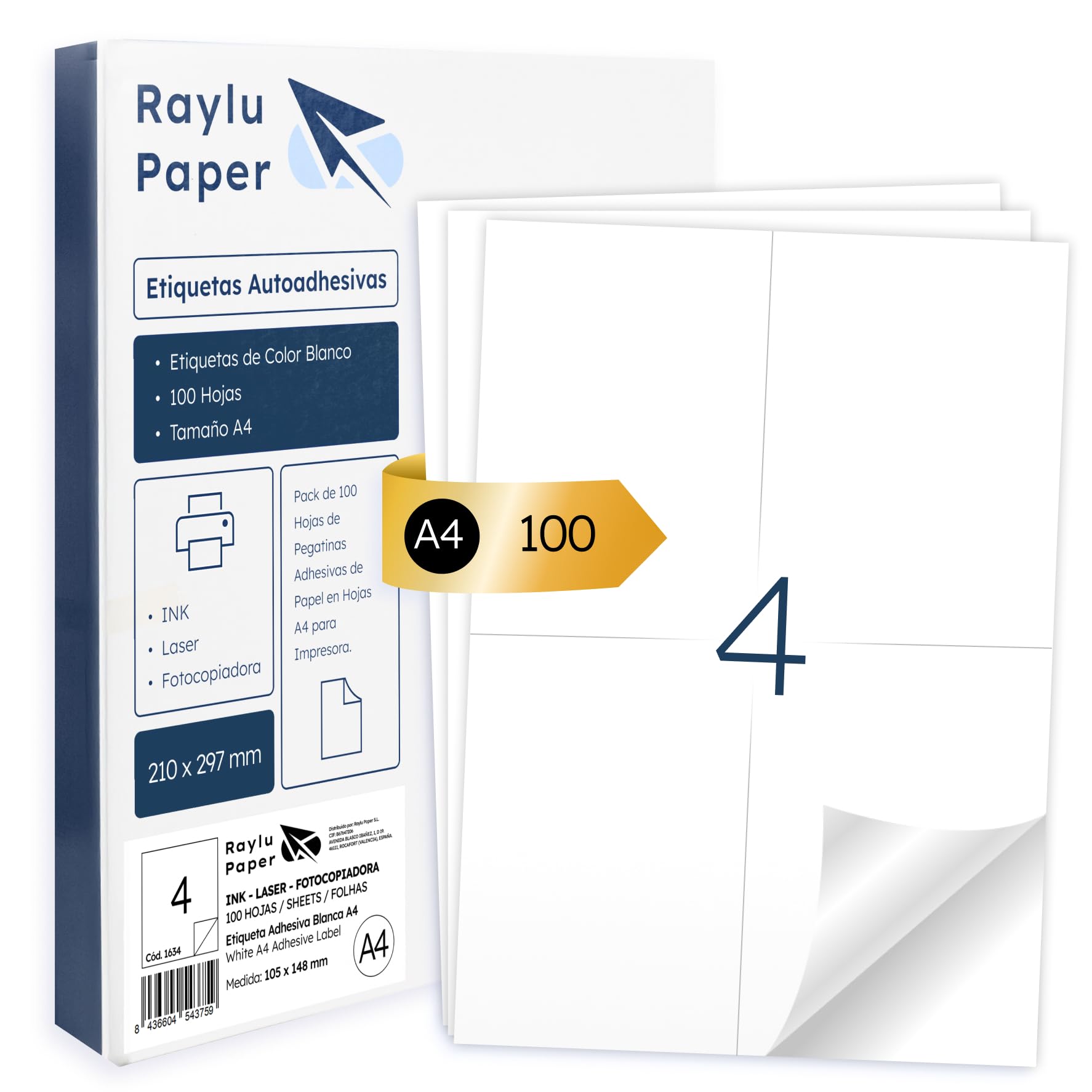 Raylu Paper ® - White Self Adhesive Labels for Printing, A4 Sheets Paper Adhesive Stickers for Inkjet Printer, Laser and Photocopiers, 4 Labels Per Sheet (105 x 148 mm)