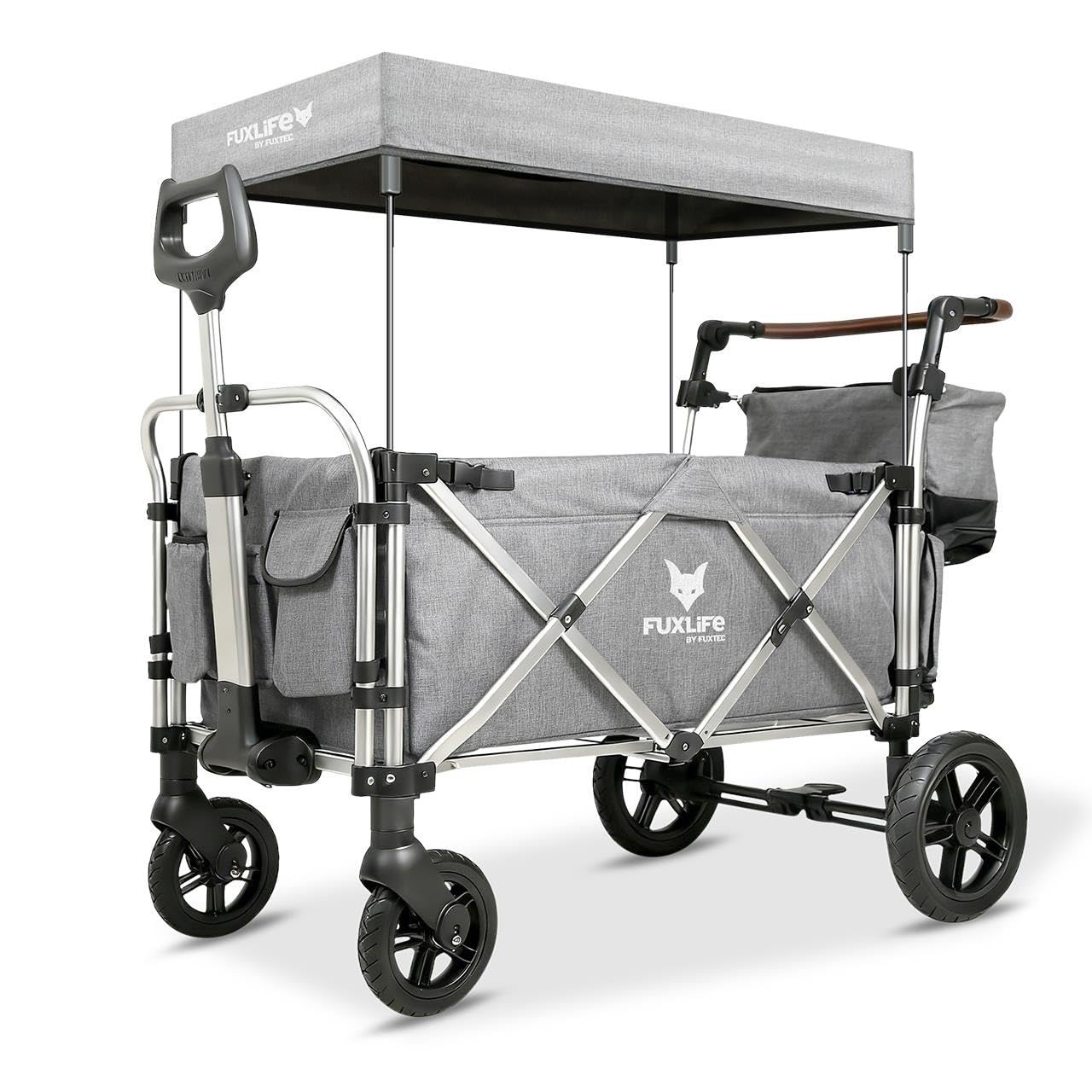 FUXLIFE Chariot Pliable Enfants FX-CTL950 Gris – Chariot de Transport avec Toit Solaire, Harnais 5 Points, Roues à Suspension