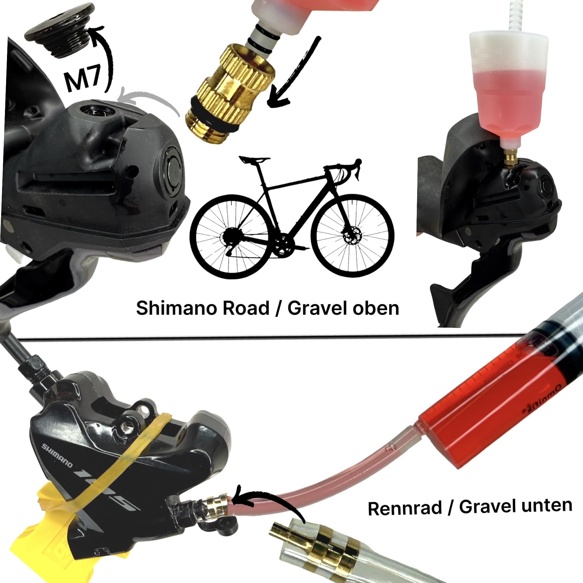 Shimano Hydraulik Mineral ÖL 500ml + F26 Scheibenbremsen Service Kit | MTB City Ebike & STI Road Gravel Disc Entlüftungs bleeding Set, Befüllbecher Trichter mit M5 M6 M7 Anschluss