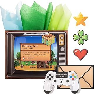 Crisky Large Pixel Birthday Bags for Kids with Greeting Card, Tissue Papers, Video Game Level Up Boys Birthday Gift Bag for Teens Girls Men Women Gamer Party Decorations