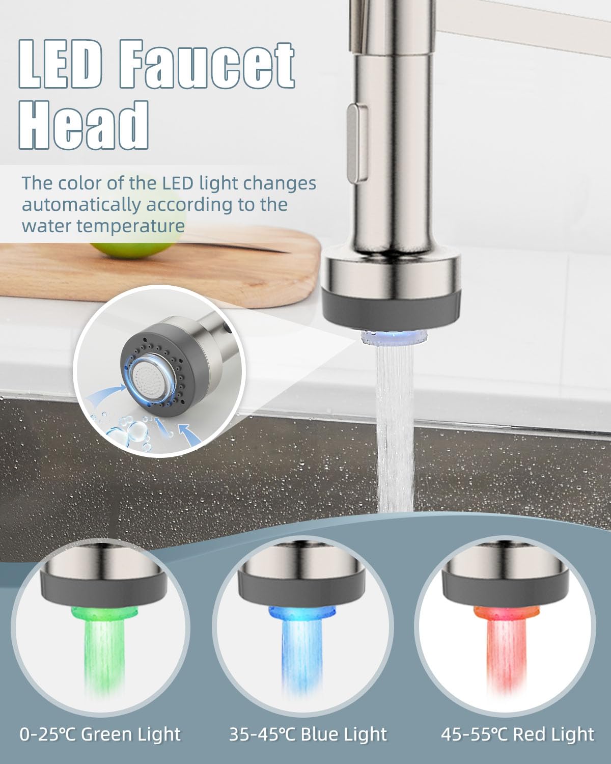 Grifo de cocina con dispensador de jabón, grifo de cocina LED, grifo para fregadero de cocina, grifo de fregadero de acero inoxidable de una sola manija para cámper, casa de campo, RV con