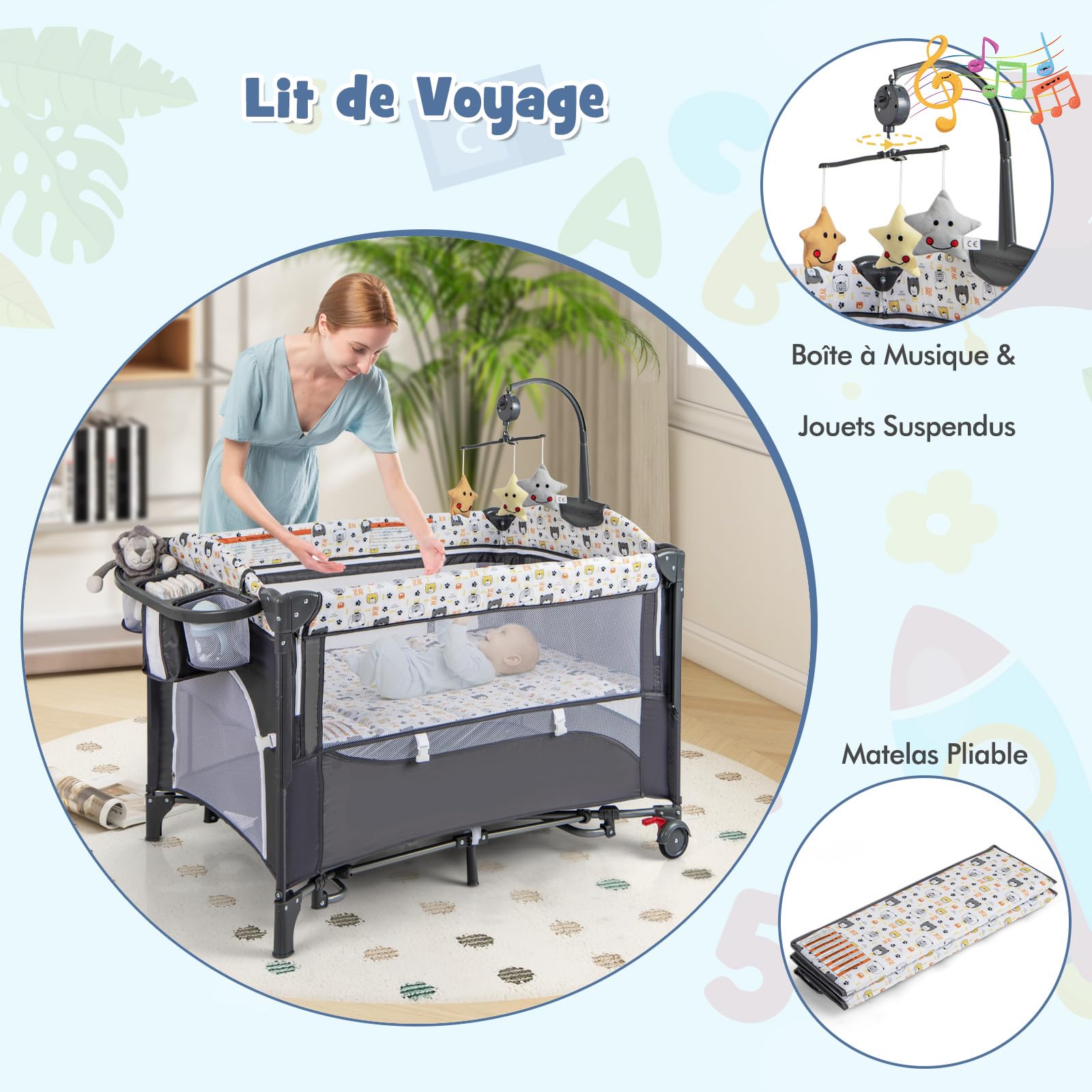 COSTWAY 5 en 1 Lit Parapluie Bébé avec Matelas & Table à Langer, Lit Bébé Évolutif avec 5 Hauteur Réglables, Musique et Jouets Suspendus, Mode Bascule, Charge 15kg pour Bébé de 0-3 Ans