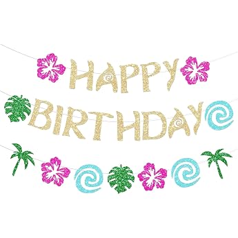 2 Pieces Hawaiian Moana Birthday Banner Party Decoration Glitter Gold Happy Birthday Tropical Luau Party Supplies Summer Beach Holiday Birthday Party Decor