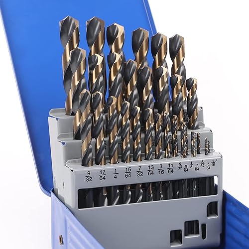 COMOWARE Juego de 29 brocas de cobalto (116 a 12 pulgadas), brocas HSS de punta de 135 con acabado negro y dorado, 3 brocas Jobber de vástago plano
