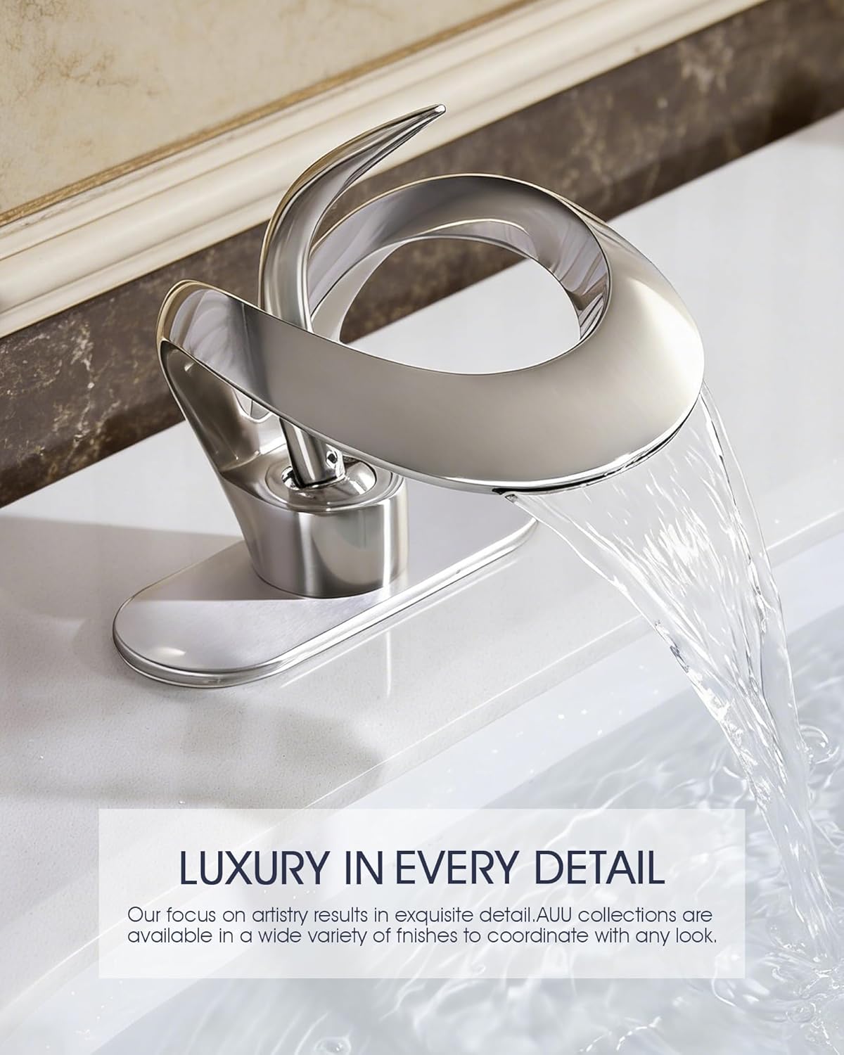 Elegant Bathroom Sink Faucet Single Hole,AUU Waterfall Brushed Nickel Vanity Sink Faucet Solid Brass,Single Handle Basin Tap with Pop Up Drian Deck Plate Supply Line (Brushed Nickel, Short) - Image 8