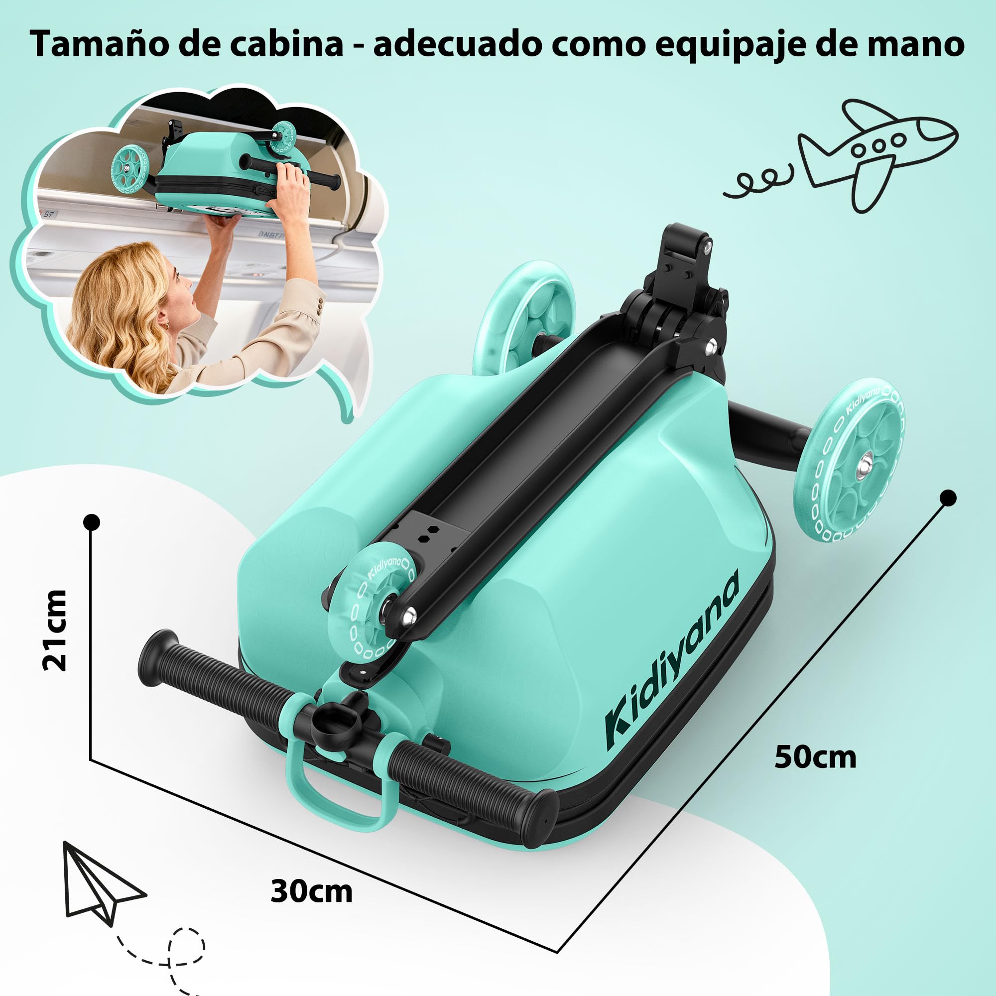 Maleta para patinete, con ruedas LED, manillar ajustable en altura, ventana A5, 7 cm de espacio de almacenamiento, adecuado como equipaje de mano, regalo para niños de 2 a 8 años, color verde