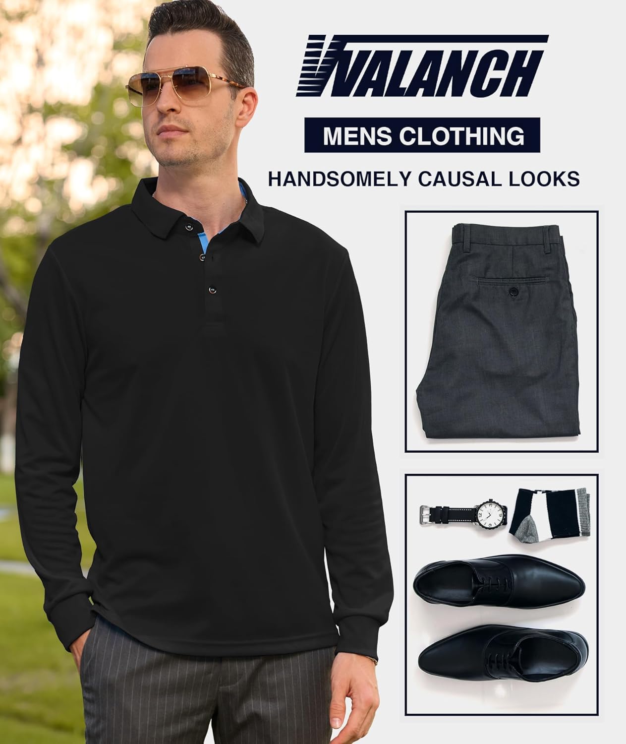 V VALANCH 3 Pack Men's Long Sleeve Polo Shirts Moisture Wicking Golf Polos Business Travel Casual Collared Shirt