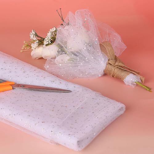 Miniatura 5 de Rollos de tela de tul con purpurina blanca de 54 pulgadas x 10 yardas, pernos, lentejuelas, cinta de tul, tela de red para faldas tutú, vestido,