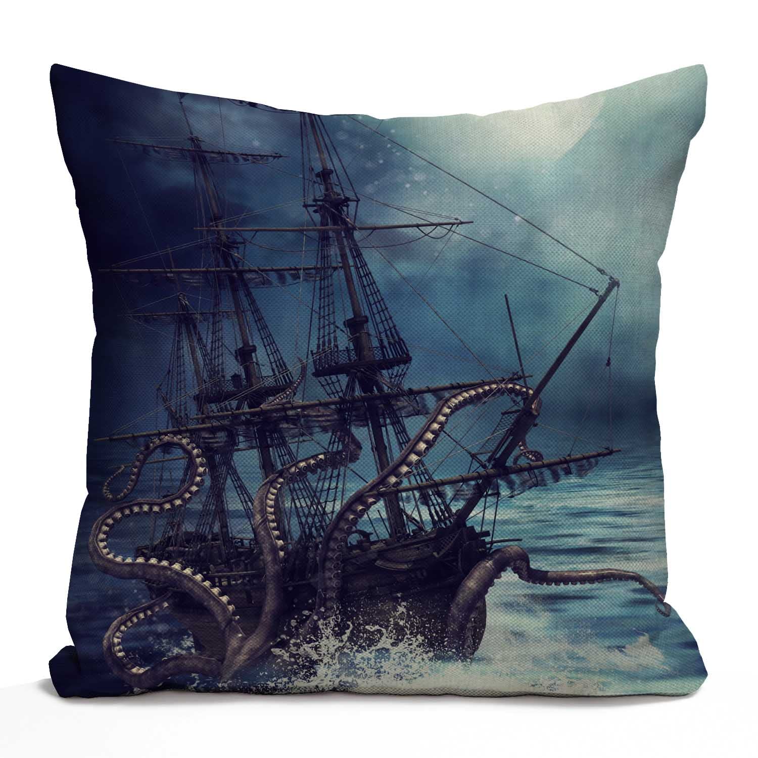 Tomda Multi015 Pirate Ship Octopus Cushion Case Throw Pillow Cover For Home Decor Sofa Couch 45X45cm 18X18 Inch Cotton Linen Farmhouse Decorations
