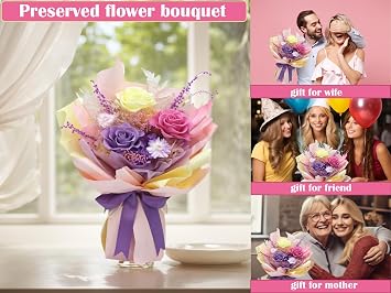 Pinnetetti Flowers for Delivery, Purple Pink Yellow Preserved Flower Bouquet with Gift Box, Forever Roses Gifts for Wife Women Mom Grandma