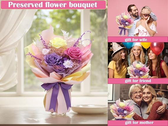 Pinnetetti Flowers for Delivery, Purple Pink Yellow Preserved Flower Bouquet with Gift Box, Forever Roses Gifts for Wife Women Mom Grandma