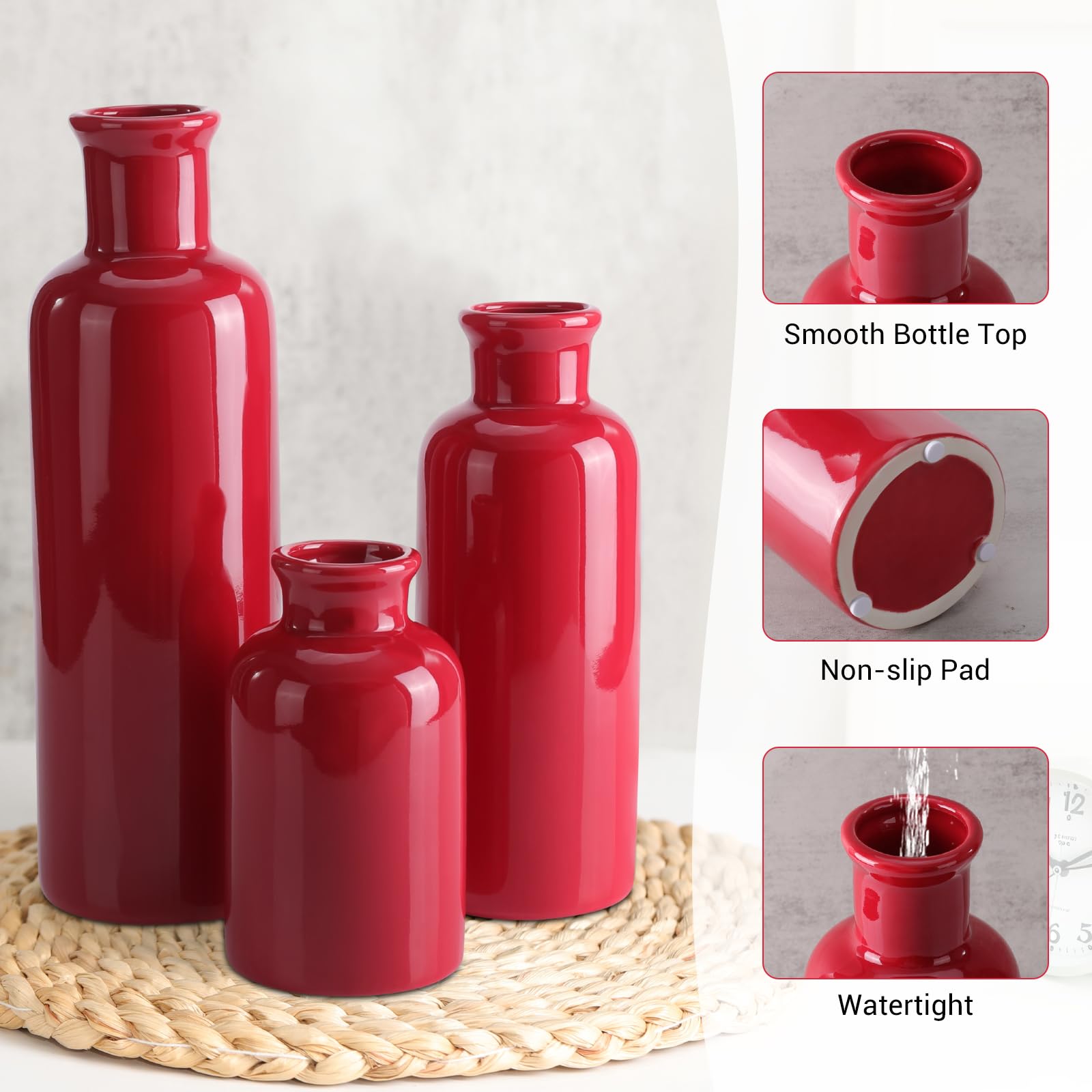 Rote Keramikvase, 3er-Set, Boho-Blumenvase, Raumdekoration, Bauernhaus-Dekor, Vasen für Ihre Küche, Badezimmer, Schlafzimmer, Wohnzimmer, Büro und Regal, Tafelaufsatz, Tischdekorationen