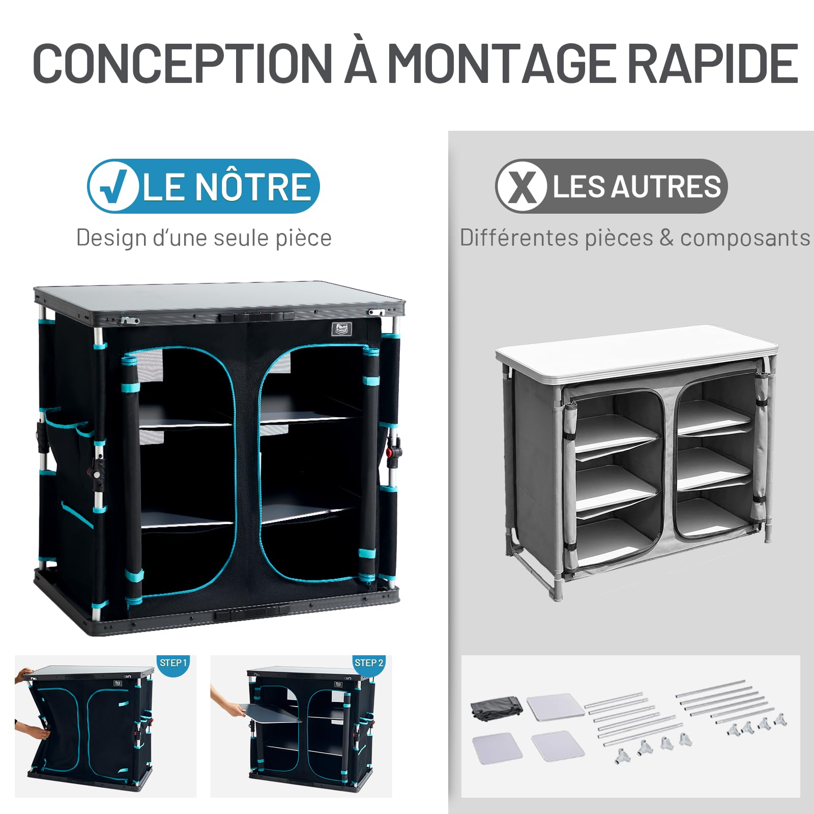 TIMBER RIDGE Meuble de rangement pliable pour camping, cuisine de camping, meuble d'extérieur portable avec 6 compartiments de rangement et grande table, cadre en aluminium pour pique-nique, jardin