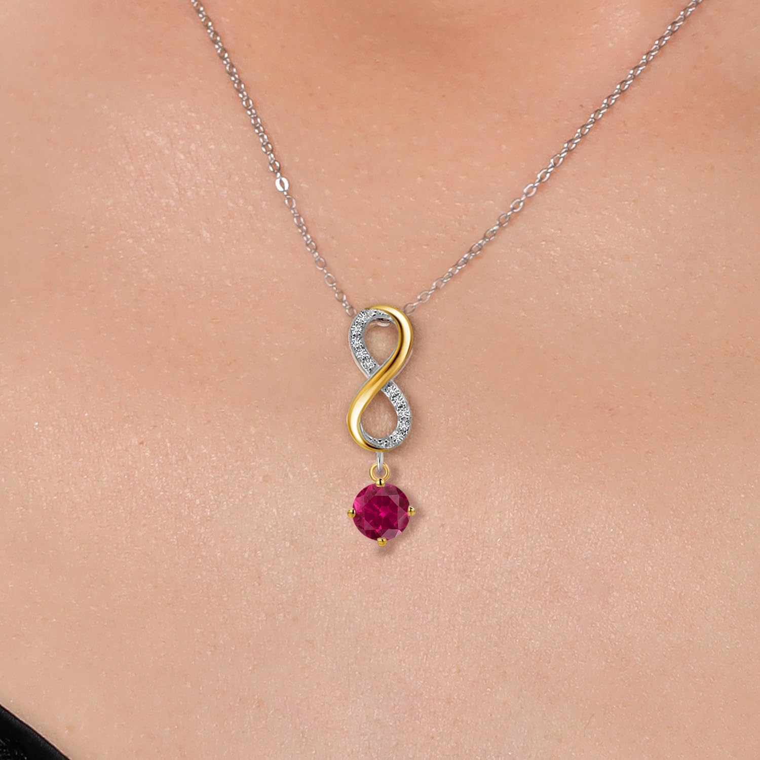 Gem Stone King 925 Silver and 10K Yellow Gold Red Created Ruby and Lab Grown Diamond Pendant Necklace for Women | 1.28 Cttw | Gemstone July Birthstone | Round 5MM | With 18 Inch Chain - Image 3