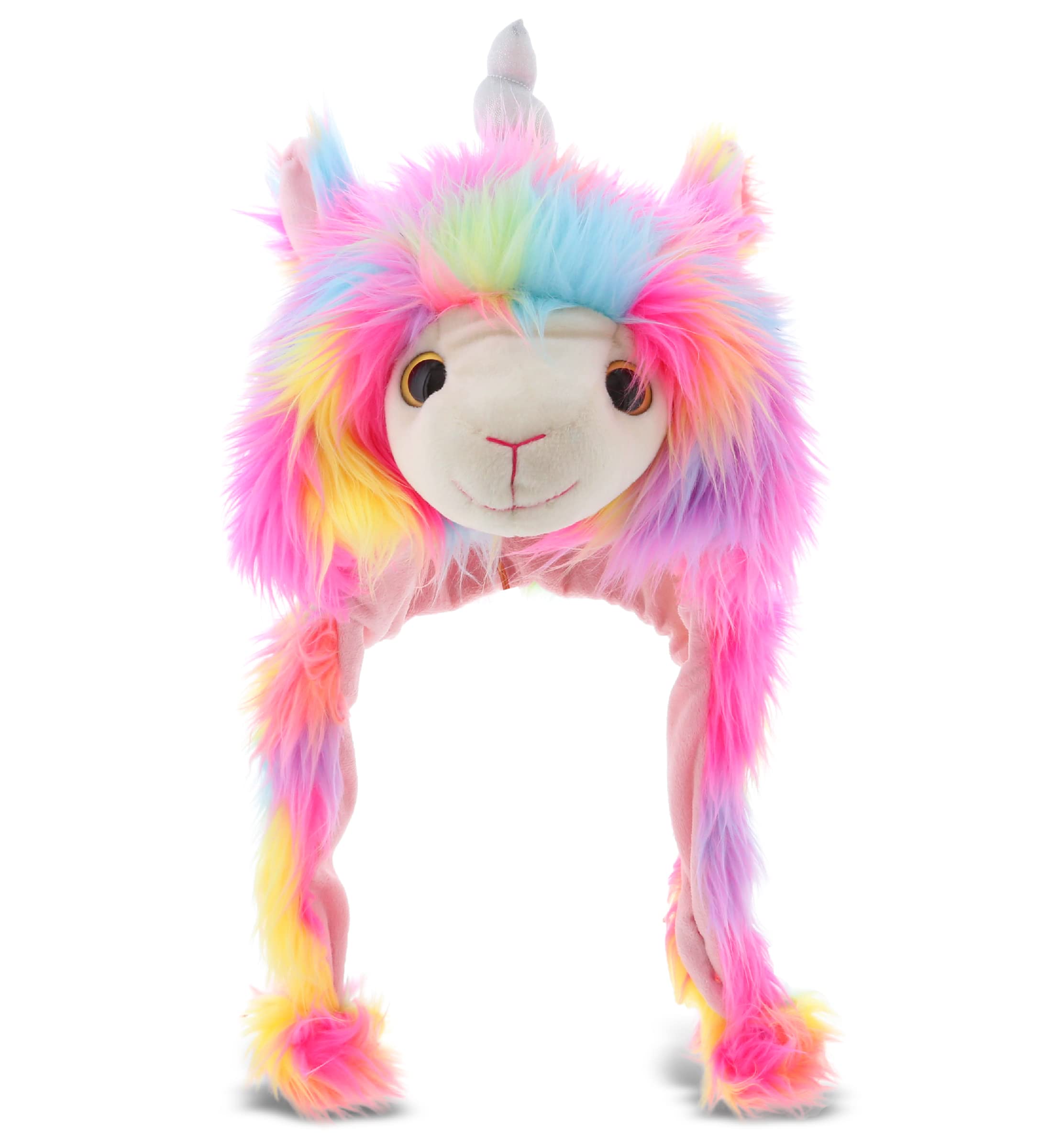DolliBu Rainbow Llamacorn Plush Super Soft Warm Hat with Ear Flaps, Funny Plush Party Stuffed Llama Unicorn Halloween Costume, Cozy Fleece Winter Hat for Kids & Teens - One Size