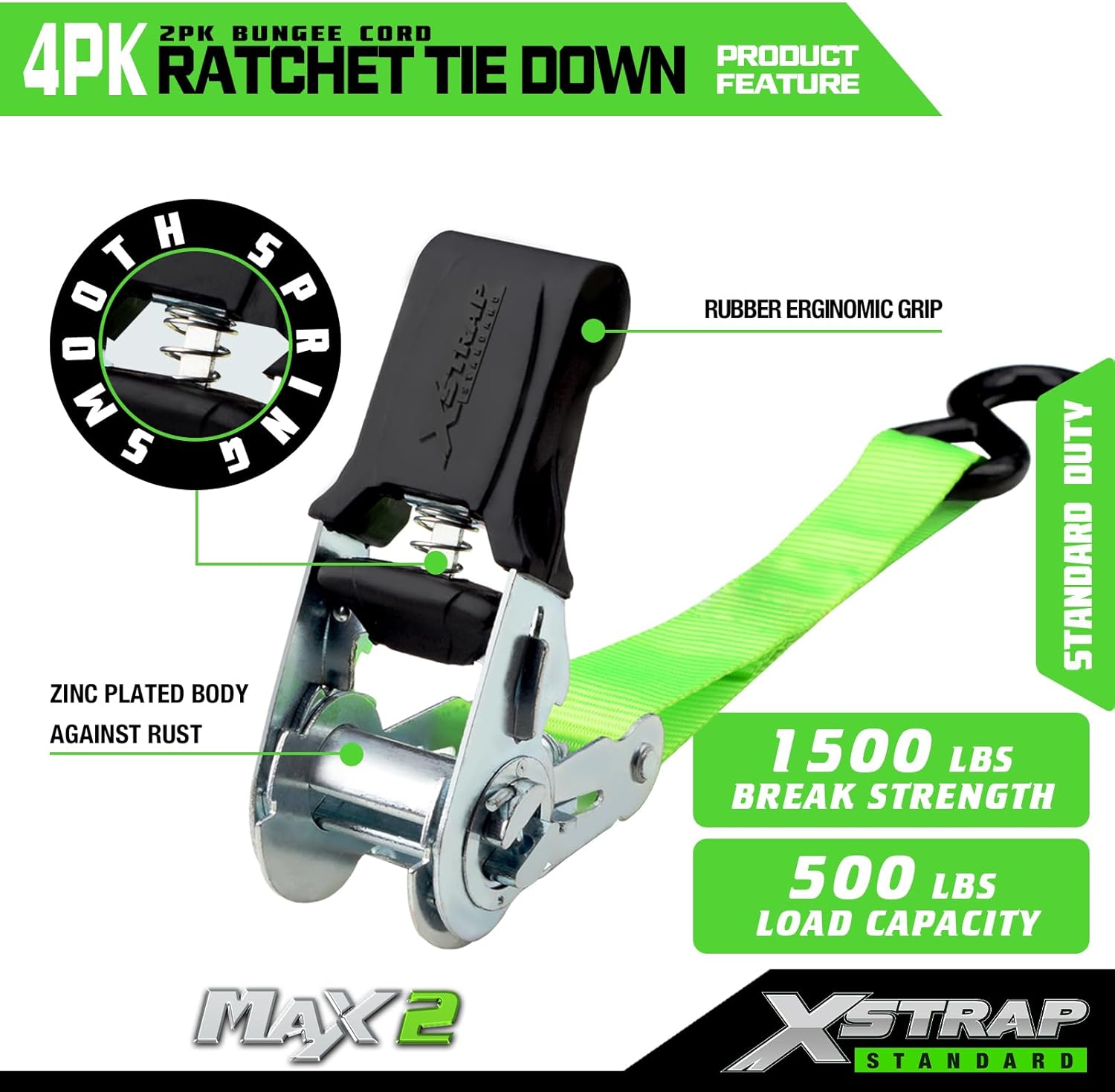 XSTRAP STANDARD Ratchet Tie Down Straps 4Pk 15Ft 1500Lb Break Strength, Cargo Straps for Moving Appliances, Lawn Equipment, Motorcycle, Includes 4 Soft Loops - Image 4