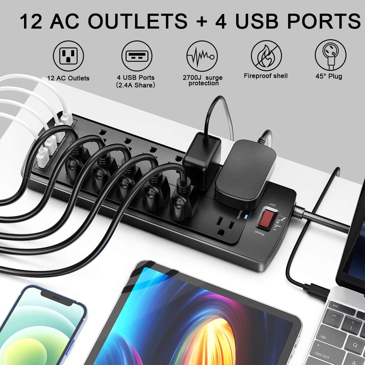 Power Strip , Nuetsa Surge Protector with 12 Outlets and 4 USB Ports, 6 Feet Flat Plug Extension Cord (1875W/15A) for for Home, Office, Dorm Essentials, 2700 Joules, ETL Listed (Black) : Electronics