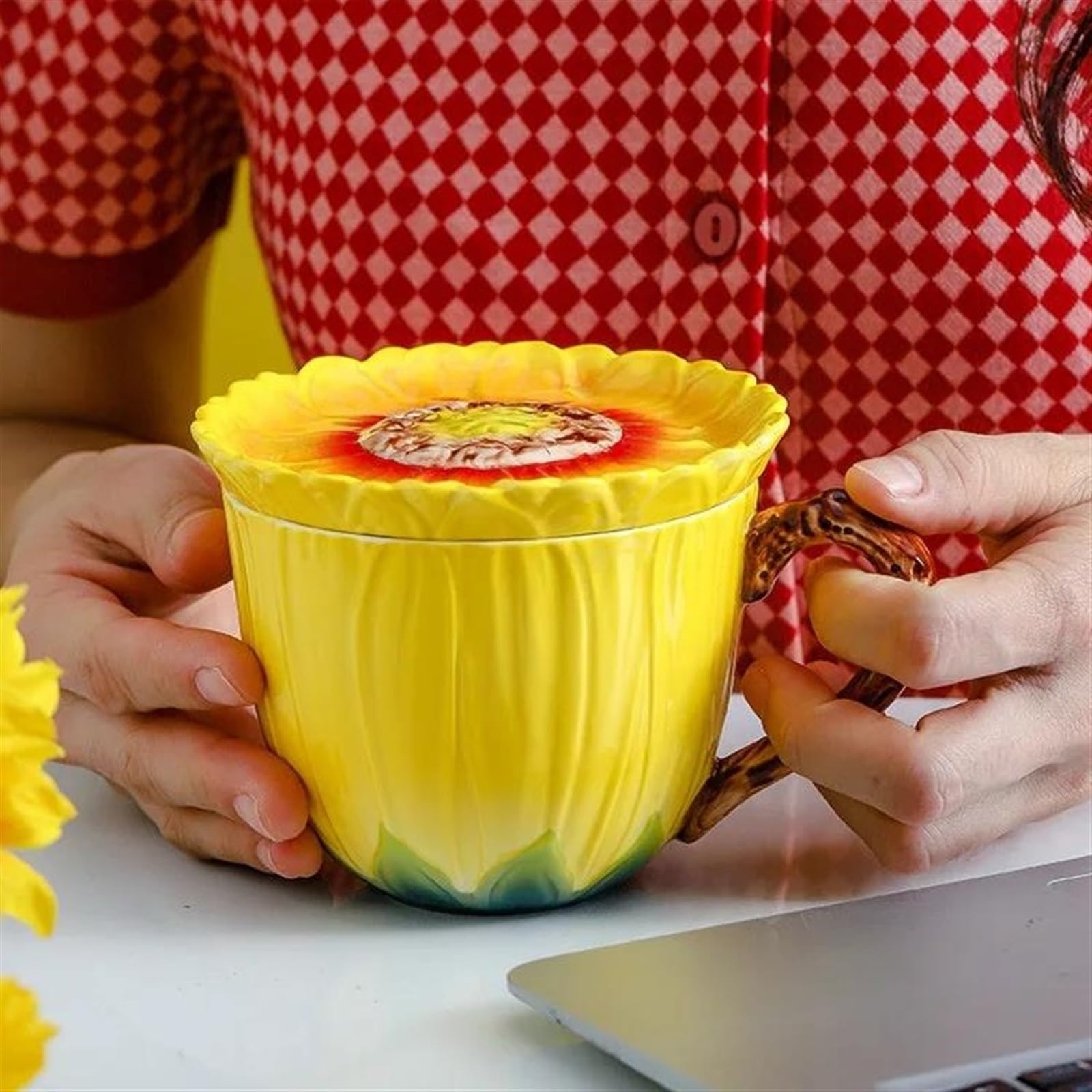 Teetassen-Sets Home Office Große Kapazität Tasse Kreative Keramik Sonnenblumen Becher Frühstück Milch Mit Deckel Paar Nachmittag Tee Kaffee Set Reise-Teeset