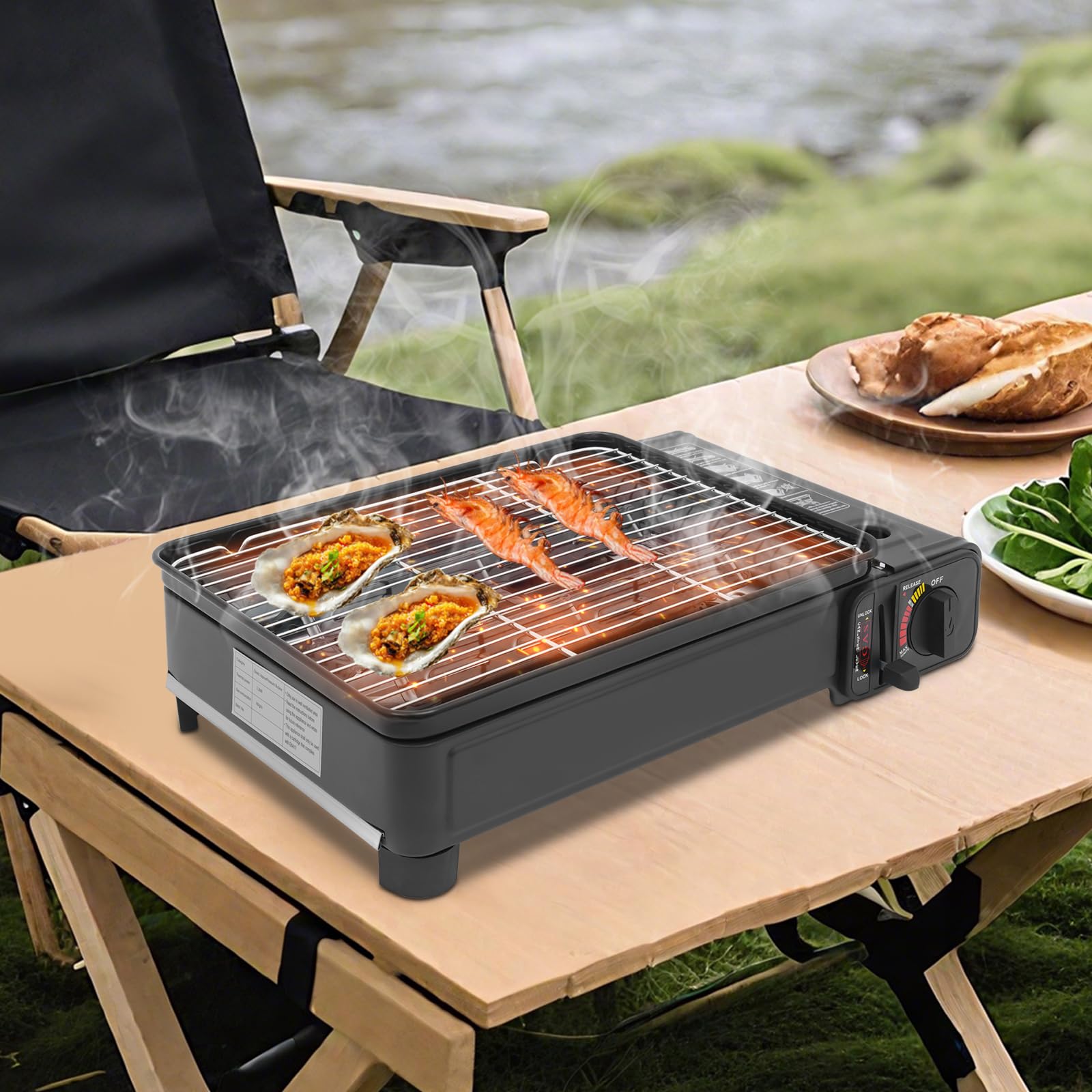 Barbecue a gas portatile con 2,2 KW di potenza, barbecue da campeggio con accensione piezoelettrica, fiamma regolabile e protezione da sovrapressione per campeggio, picnic, balcone ed esterni