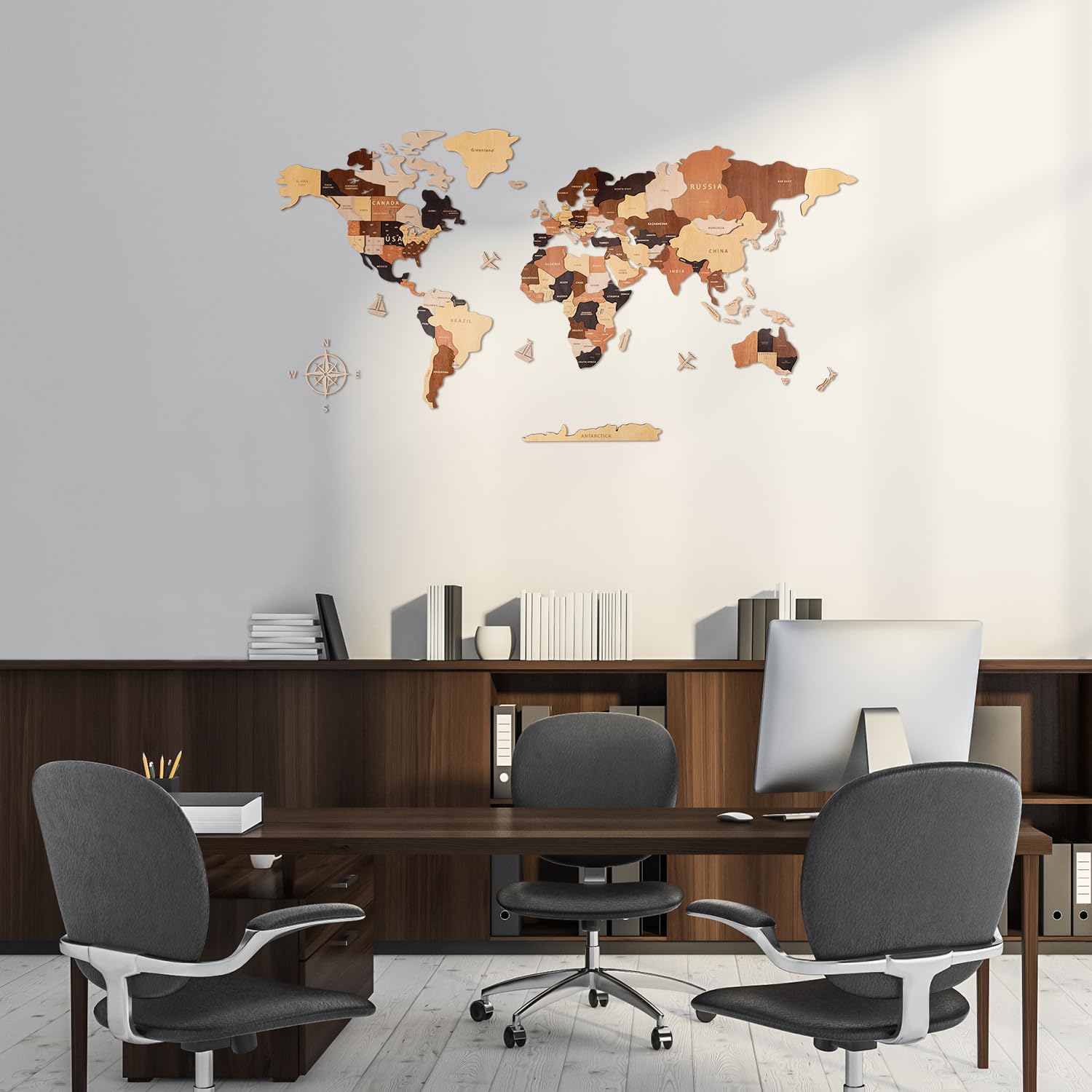 Creawoo 3D Mappa del Mondo in Legno da Parete Decorazione, multistrato mappamondo in legno decorazione da parete arte per casa, ufficio, camera, idea regalo per ogni occasione-100x57cm