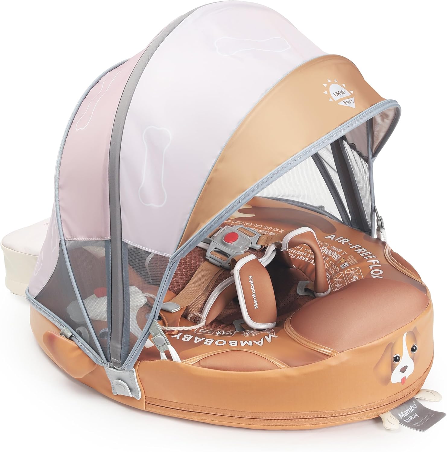 Mambobaby Float Upgrade Add Tail Baby Float with Canopy for Infant Waist Swimming Ring Swim Trainer Non-Inflatable Floats Toys with Adjustable Safety Strap (Brown - Cute Puppy)
