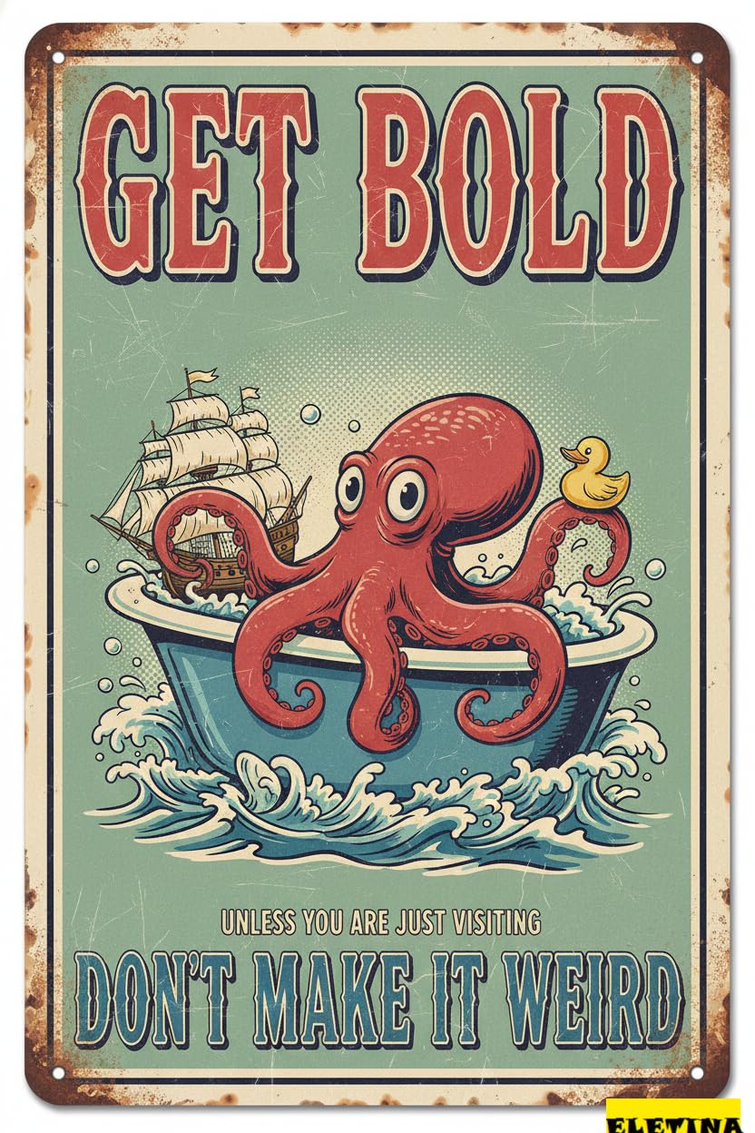 Vintage Metal Tin Sign for Man Cave Octopus Decor Ocean Bathroom Decor Accessories Idea Humorous Bar Garage Kitchen Living Room Wall Decor 8x12 In Private Property Decorative