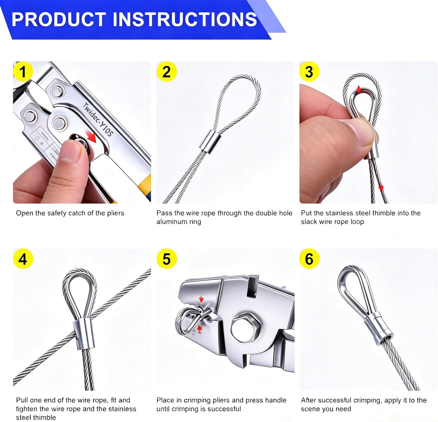 Twidec/Wire Rope Crimping Tool Up To 2.2mm Swaging Tool With 160PCS 1/16''Aluminum Crimping Loop Sleeve And 66FT 1/16'' 304 stainless steel Wire Rope 12PCS Wire Rope Thimbles Kit