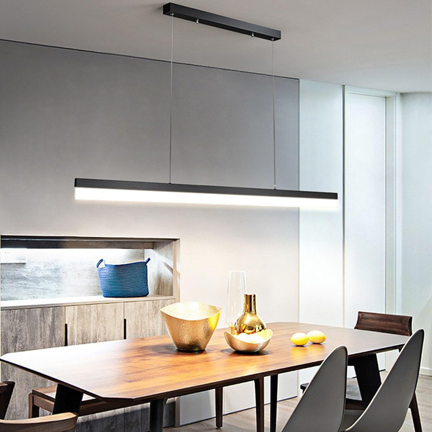 Dimmable LED Pendant Lamp, Modern Pendant Lamp Black, Linear Design Pendant Lamp with Remote Control, for Office Lamp Dining Table Lamp Dining Room Kitchen Conference Hall Lamp (Black, 150)