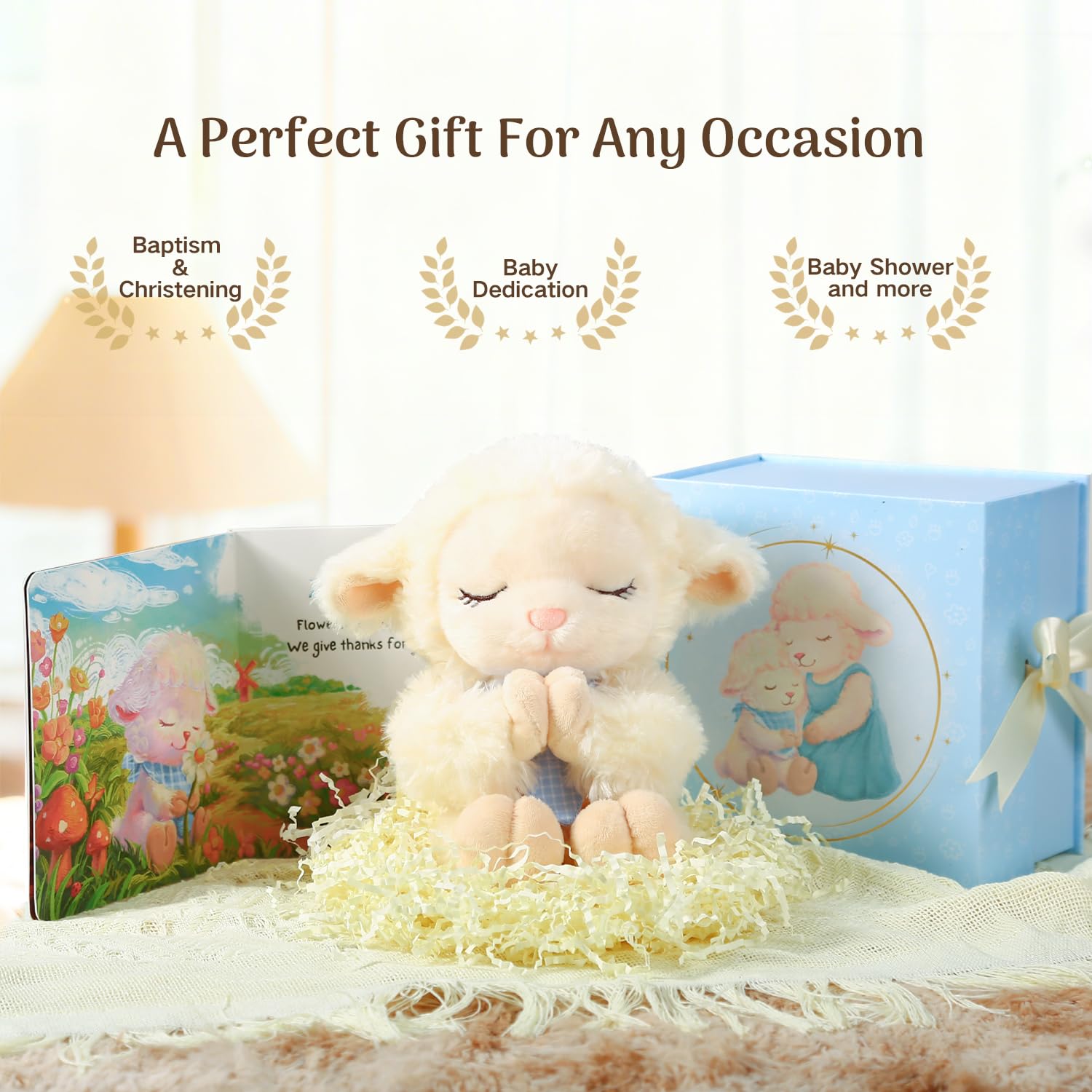 MyMateZoe Baptism Gifts for Boys, Catholic Christening, Baby Dedication & Baptismal Gift Set for Baby Boys & Kids, with 9" Musical Praying Lamb Plush Toy & God's Little Blessing Book in Keepsake Box