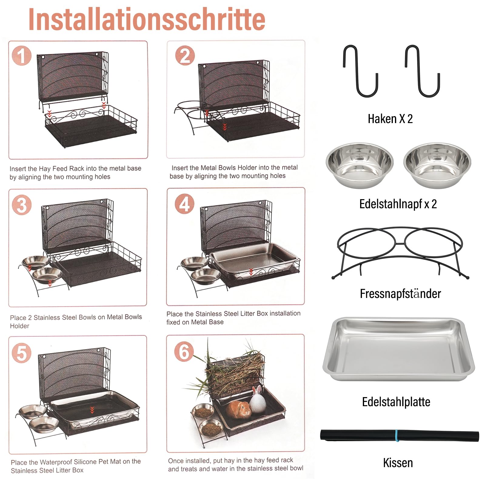 3 In 1 Kaninchen Heufutterspender und Kaninchenklo, mit Wasserdichter Matte und Futterschale für Meerschweinchen Hamster Futterspender Katzentoilette Schalenhalter