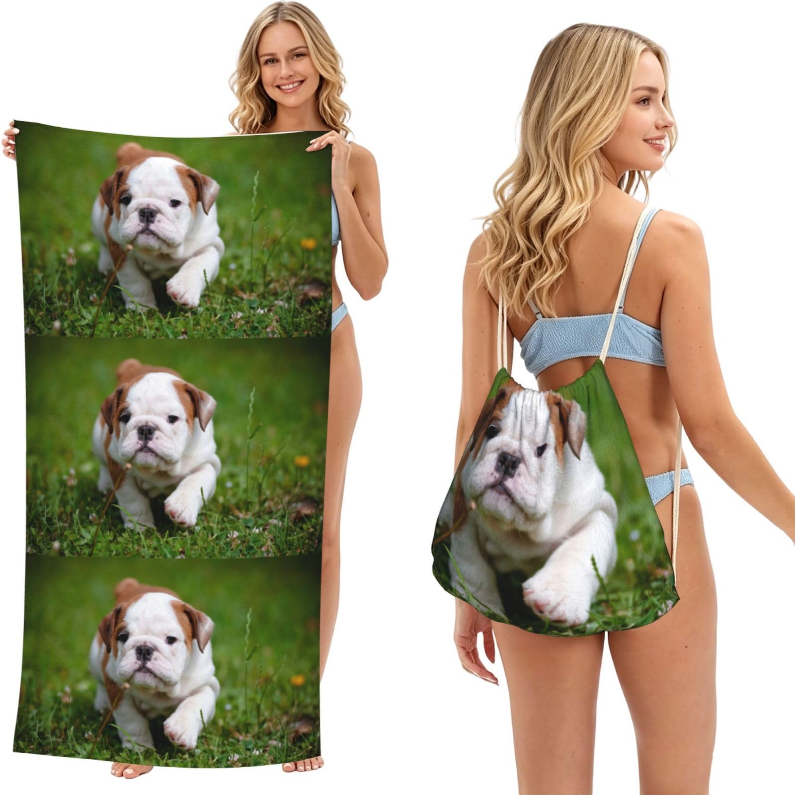 Poadnly As Picture Cute Bulldog Puppy, 2 In 1 Packable Towel Bag, Beach Towels With Drawstring Backpack For Travel Holiday Camping