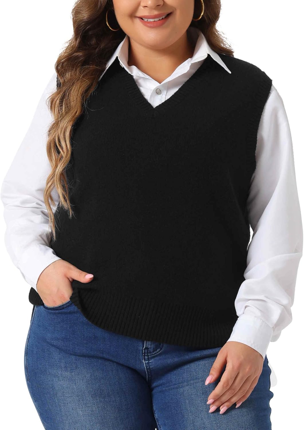 Agnes Orinda Plus Size Sweater Vest for Women V Neck Knit Vests Solid Classic Sleeveless Pullover Sweaters Tops