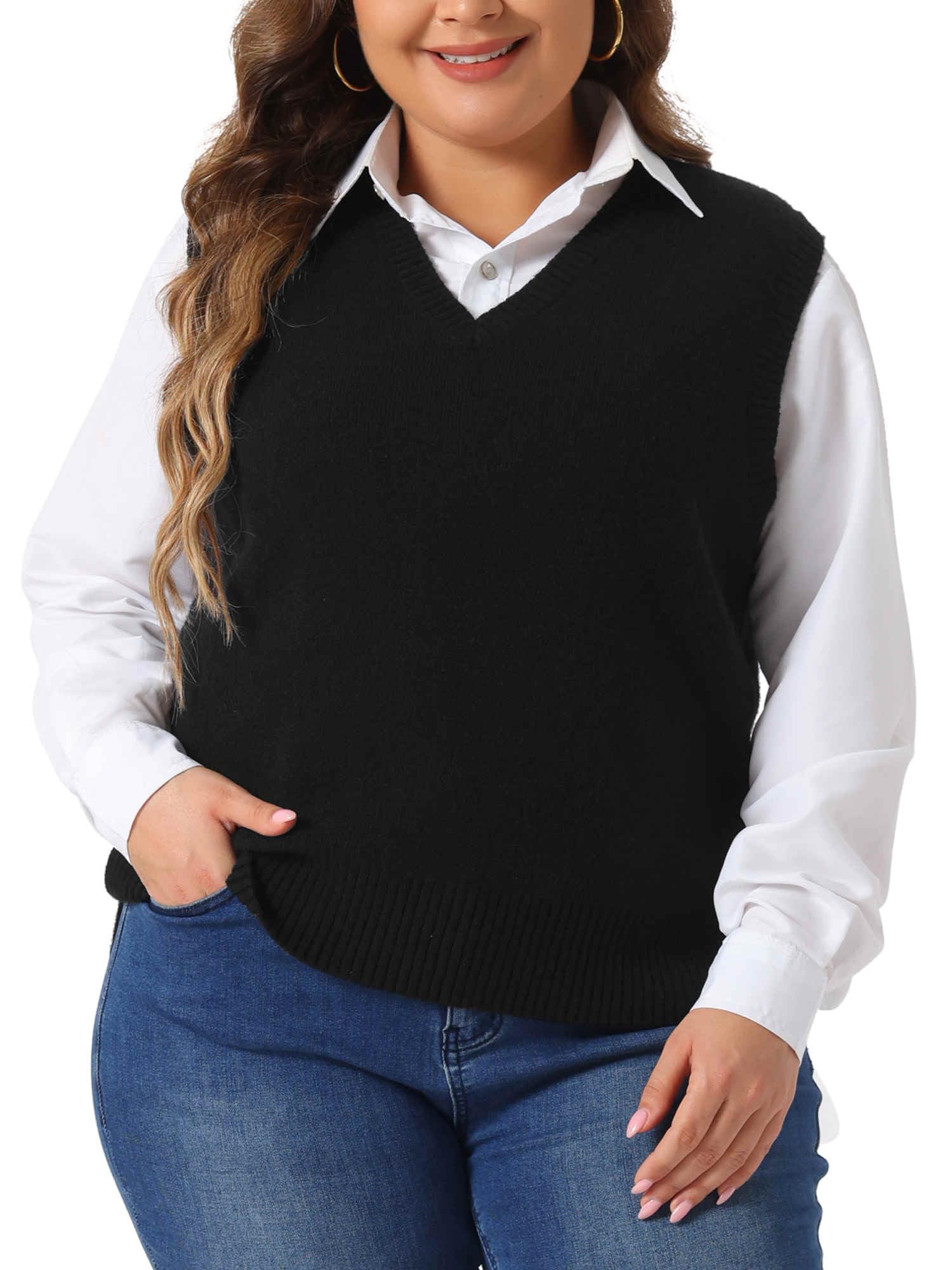 Agnes Orinda Plus Size Sweater Vest for Women V Neck Knit Vests Solid Classic Sleeveless Pullover Sweaters Tops