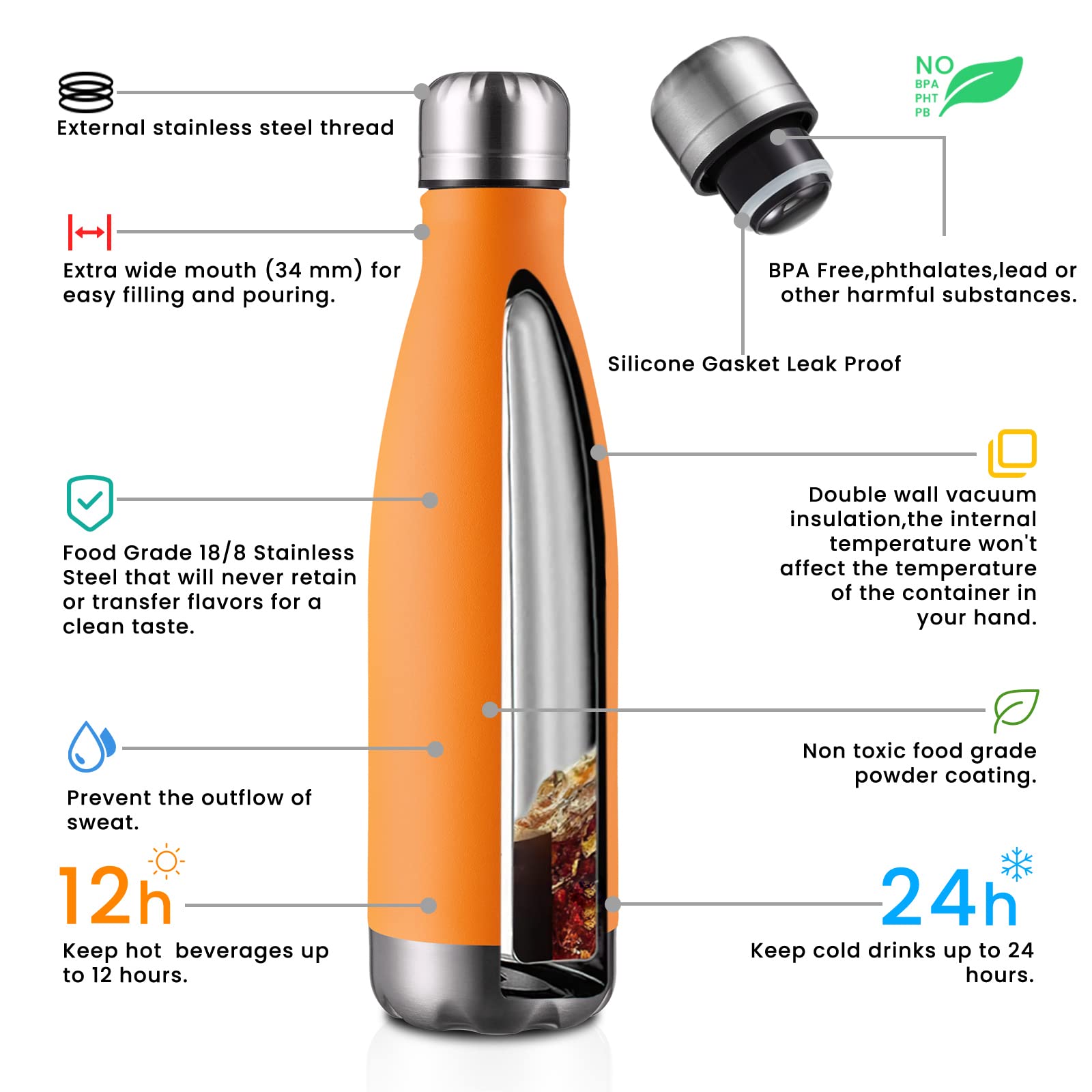 Snapklik.com : MEWAY 17oz Sport Water Bottle 12 Pack Vacuum Insulated ...