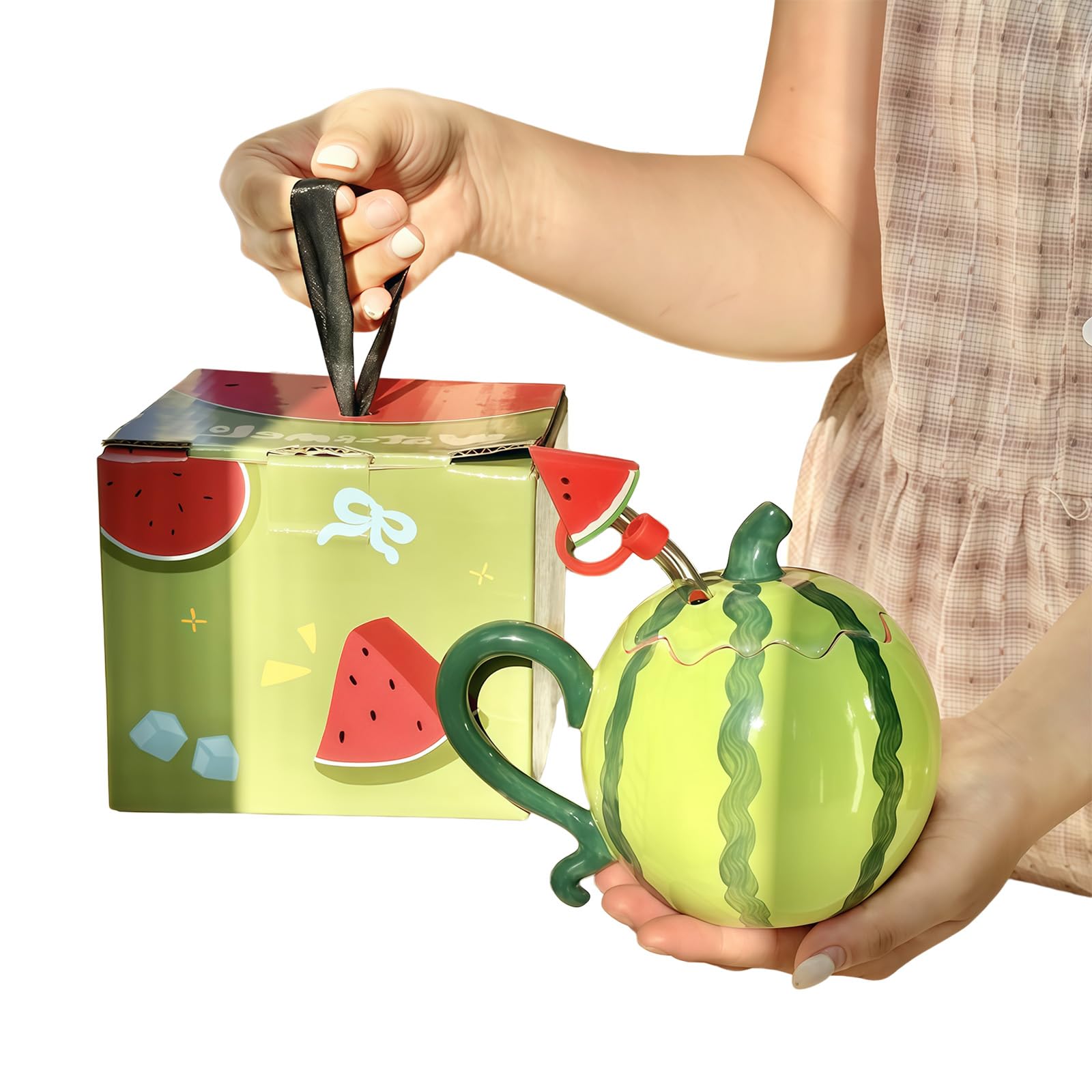 Nucelit Happy Watermelon Form Ceramic Beverage Cup with Straw and Cover Suitable for Water and Tea Beverages Ceramic Cup