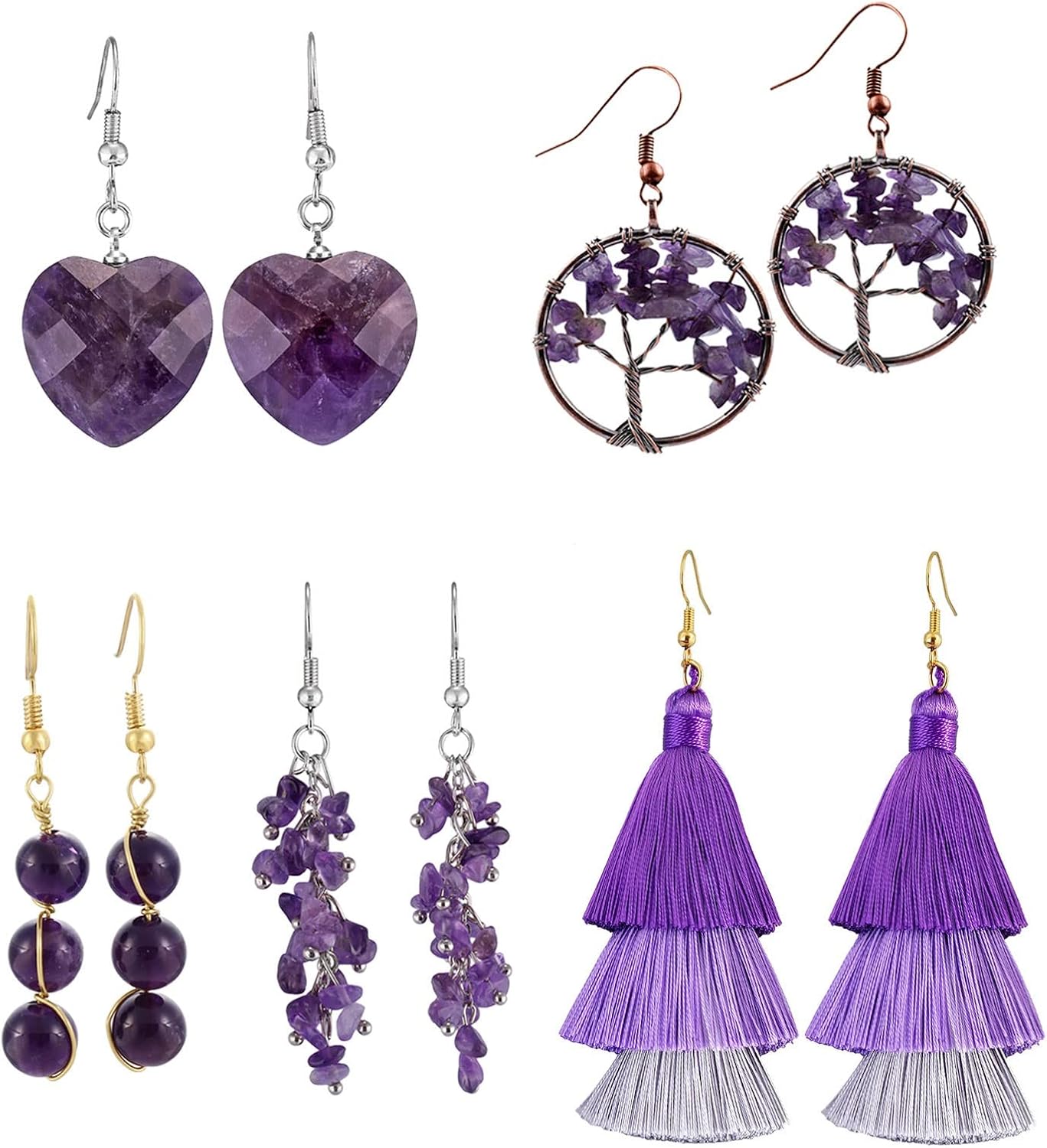 SUNYIK Paquete de 5 aretes colgantes de piedra de cristal para mujer, juego de aretes de cristal hechos a mano para mujer